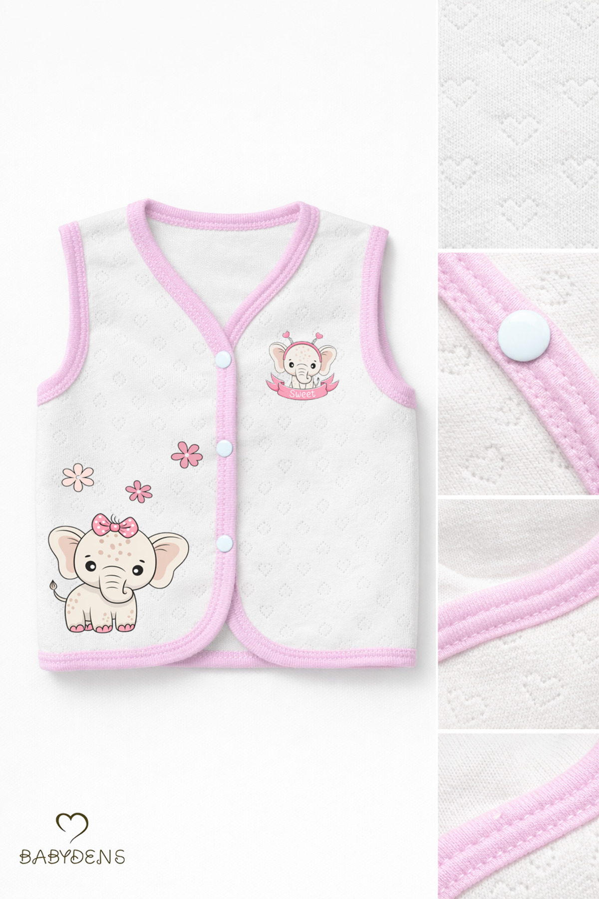 BABYDEN'S Kız Bebek 3’lü Yelek Seti Kalp Jakar Desenli Fil Baskılı Çıtçıtlı Yelek Yenidoğan Mevsimlik Yelek fotoğrafı 3 (önizleme)