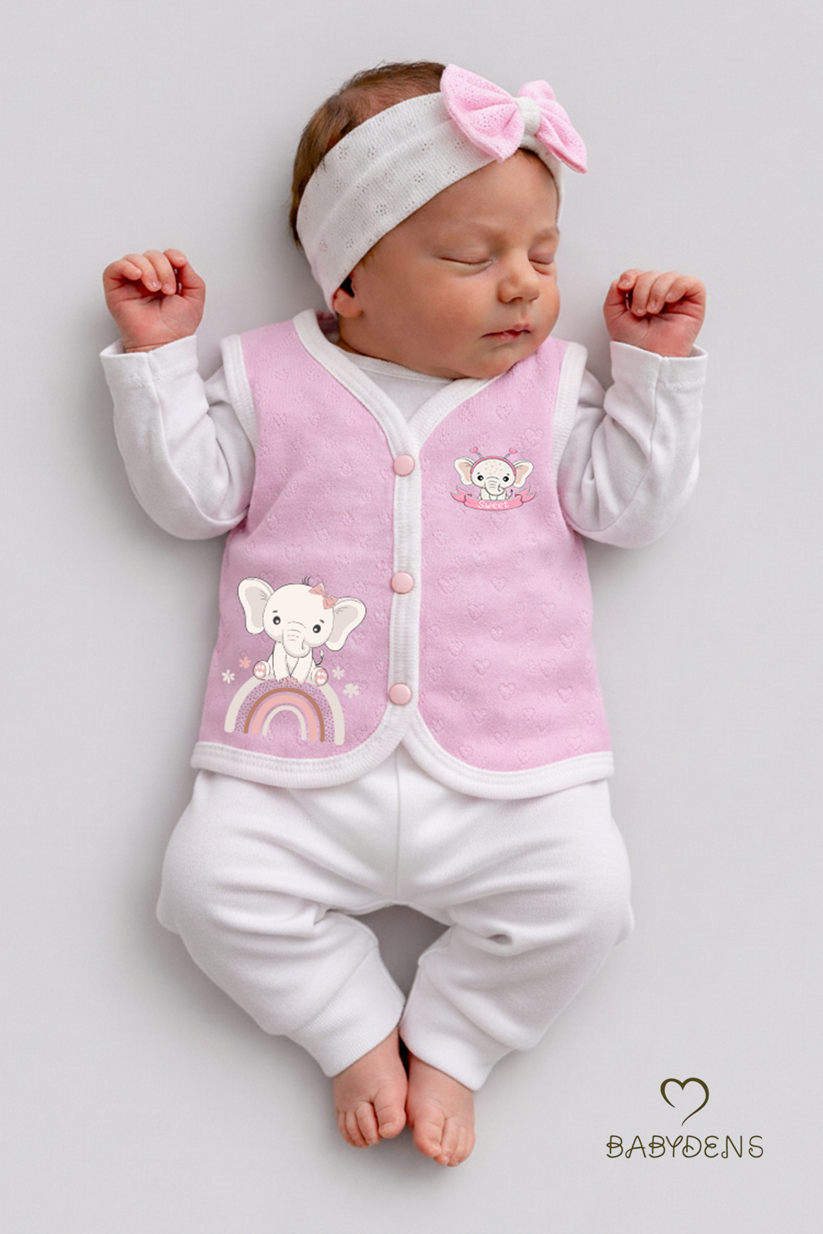 BABYDEN'S Kız Bebek 3’lü Yelek Seti Kalp Jakar Desenli Fil Baskılı Çıtçıtlı Yelek Yenidoğan Mevsimlik Yelek fotoğrafı 4 (önizleme)