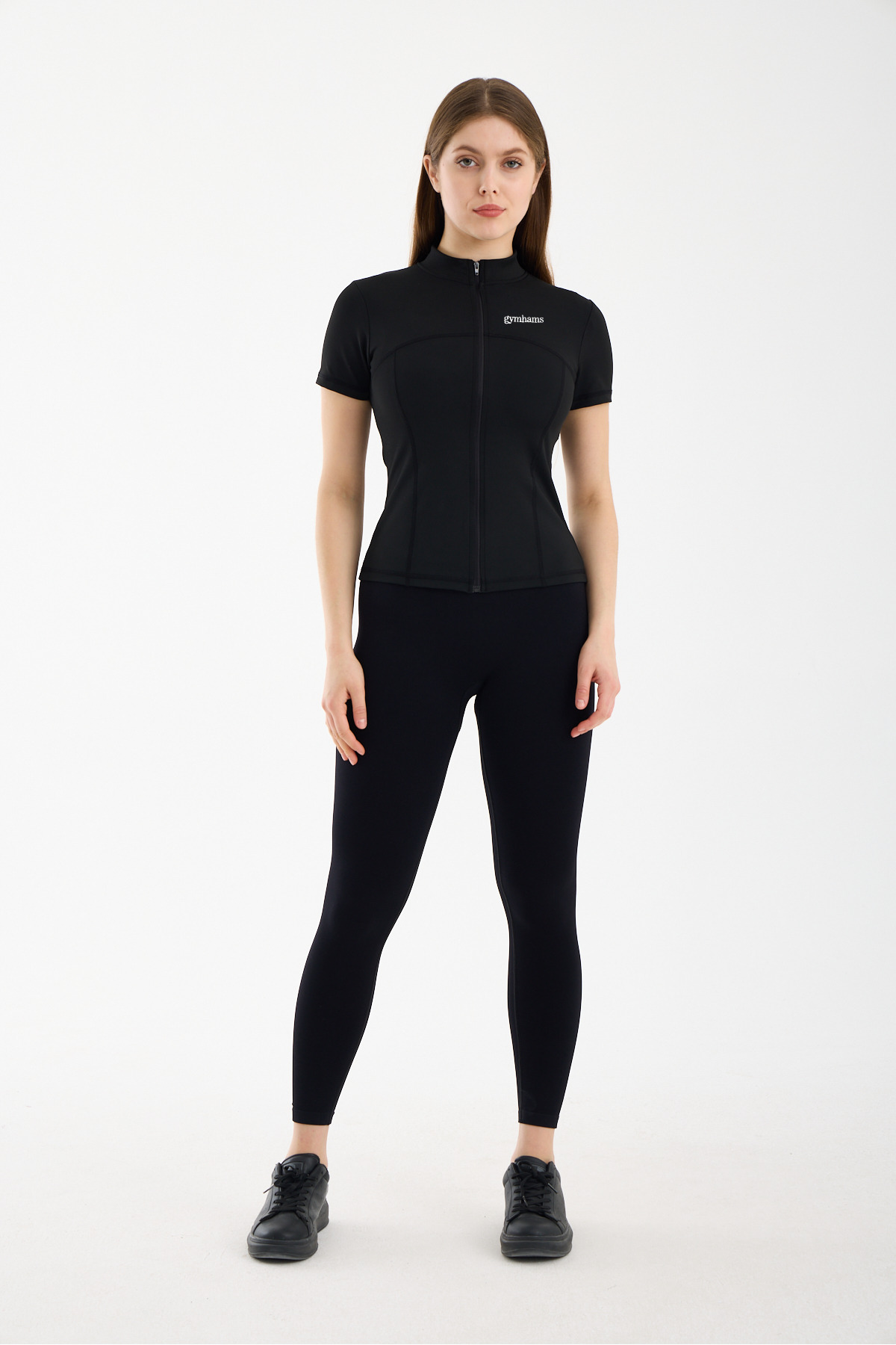 gymhams Siyah Kadın Premium Spor Ceket, Kısa Kollu, Fermuarlı, Yoga Pilates Fitness Koşu Antrenman Üstü görsel 6