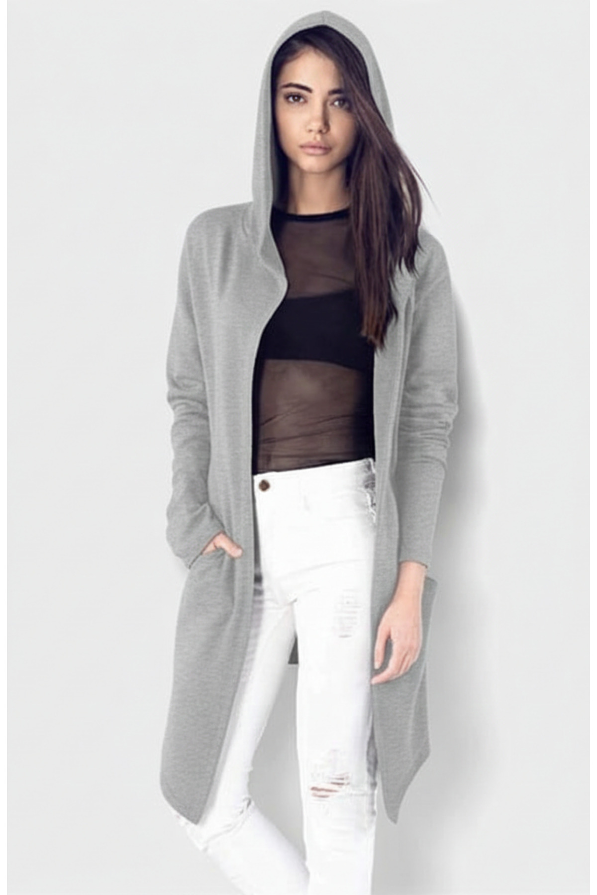 arakan Kadın Uzun Kapüşonlu Oversize Cardigan – Asimetrik Kesim