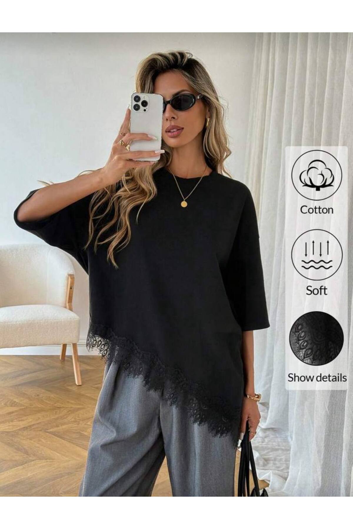 khar Ženska crna Čipka detaljna Oversize kroj bluza udobna kroj moderna svako...