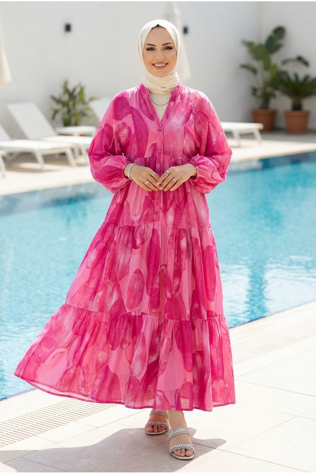 Kirazca Butik  Kadın Renkli Desenli Yazlık Tesettür Uzun Elbise - Görsel 2