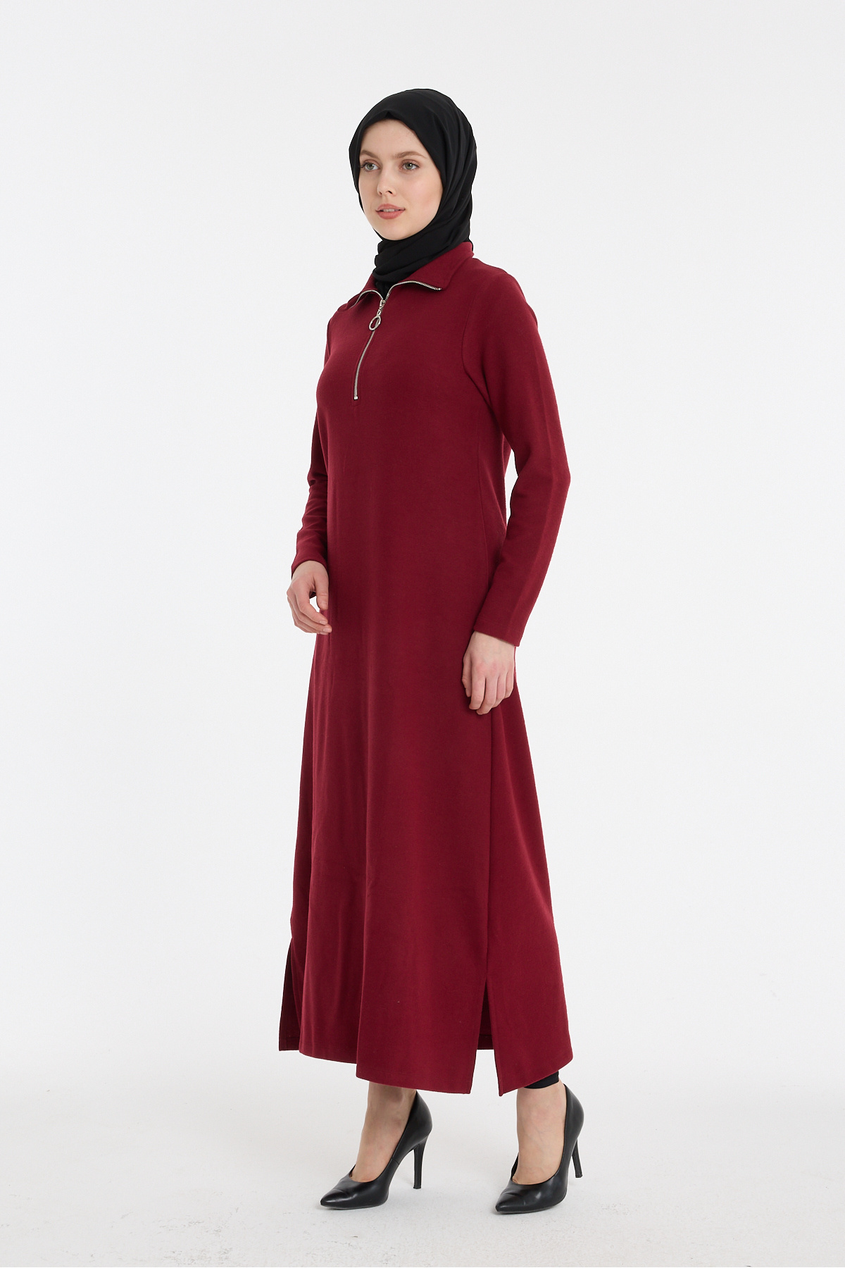 Fermuarlı Yaka Rahat Kesim Bordo Uzun Elbise - Bordo