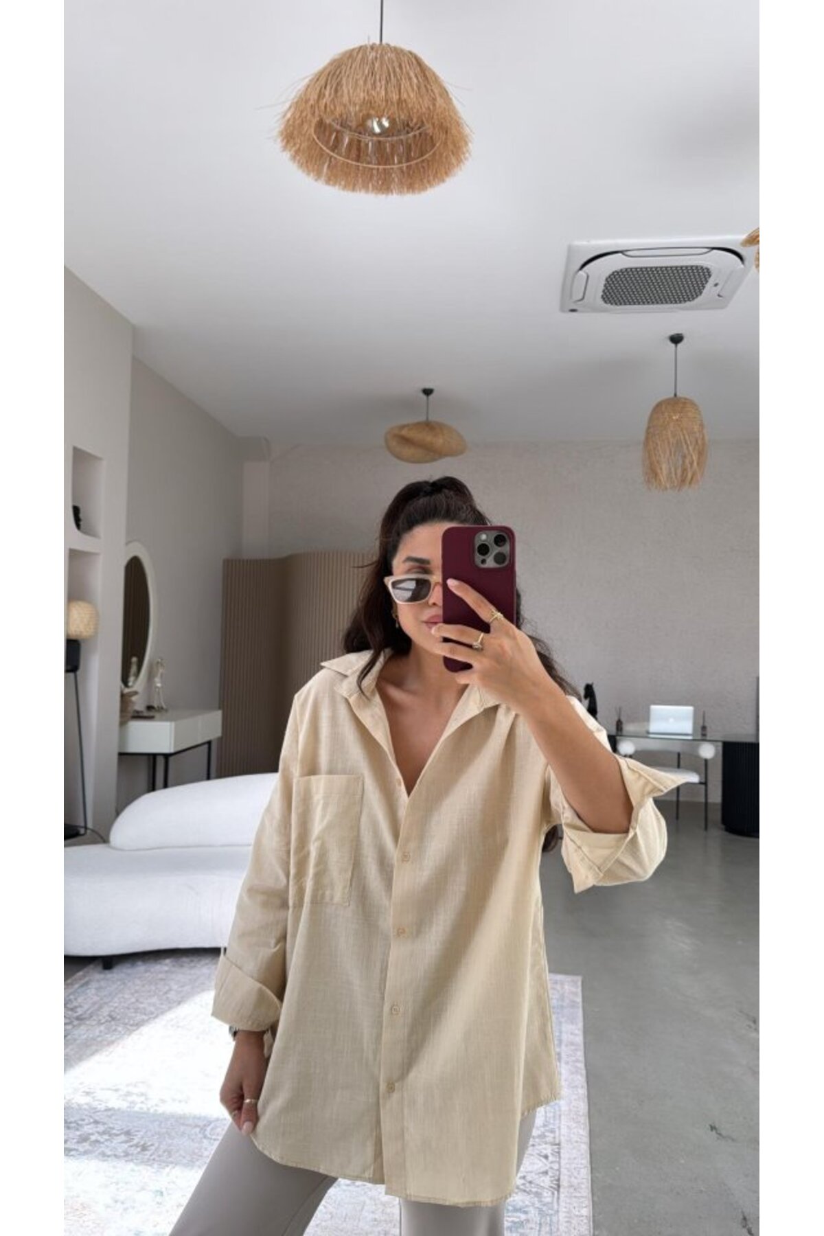 GETFAY Kadın Tek Cepli Over Size Ketem Gömlek-Vizon fotoğrafı 2 (önizleme)