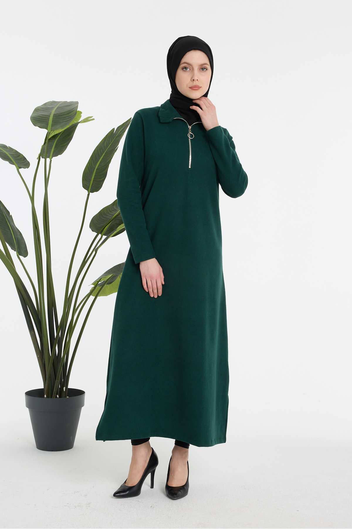 Fermuarlı Yaka Rahat Kesim Bordo Uzun Elbise - Yeşil