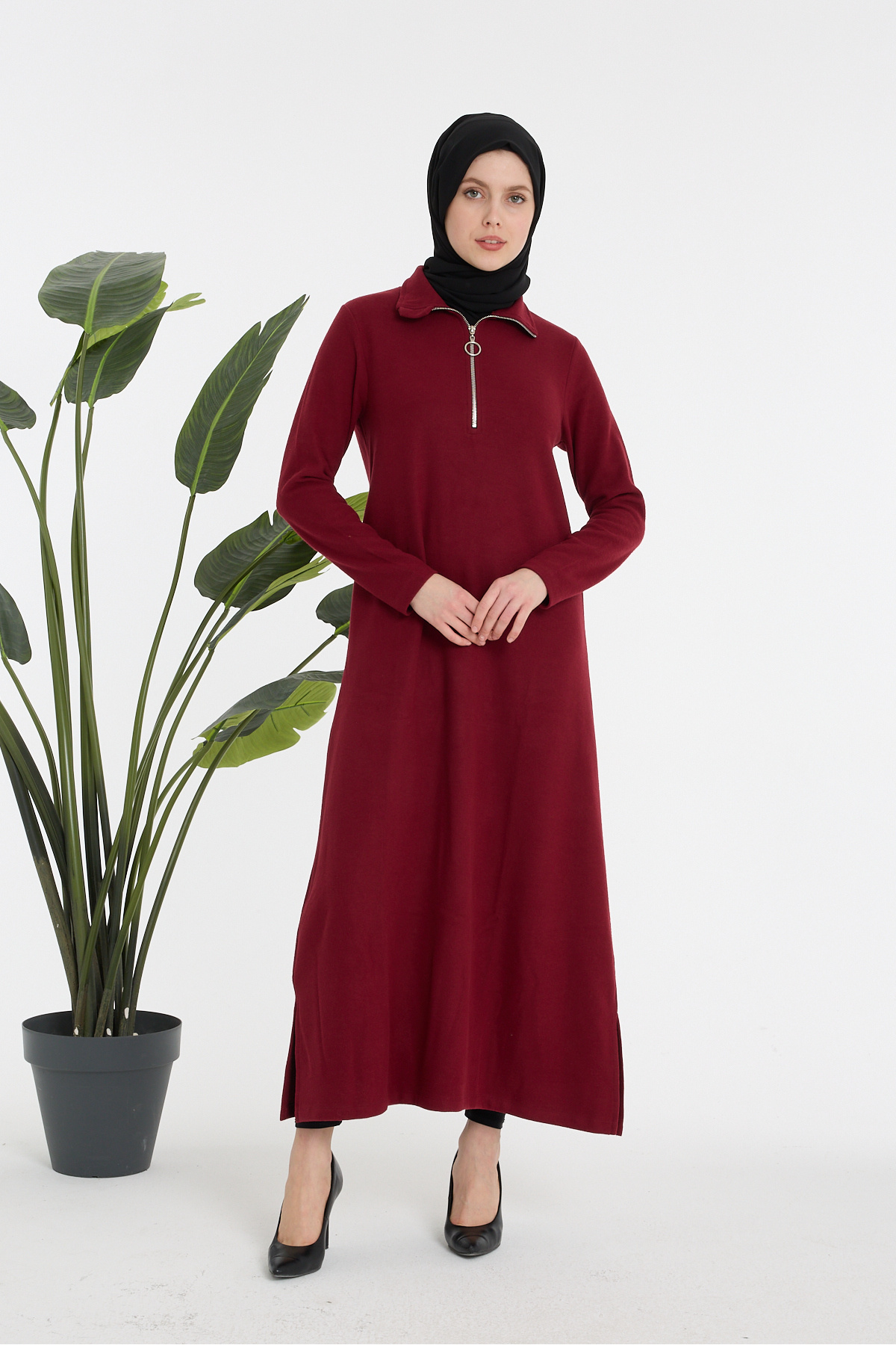 Fermuarlı Yaka Rahat Kesim Bordo Uzun Elbise - Bordo