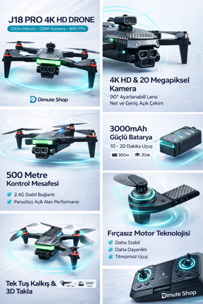 Dimute Shop J18 Pro 4K HD Drone 500m Menzil 20MP Kamera 3D Takla Yükseklik Sa...