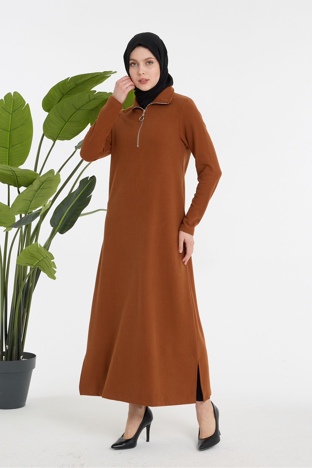 Fermuarlı Yaka Rahat Kesim Bordo Uzun Elbise - Tarçın