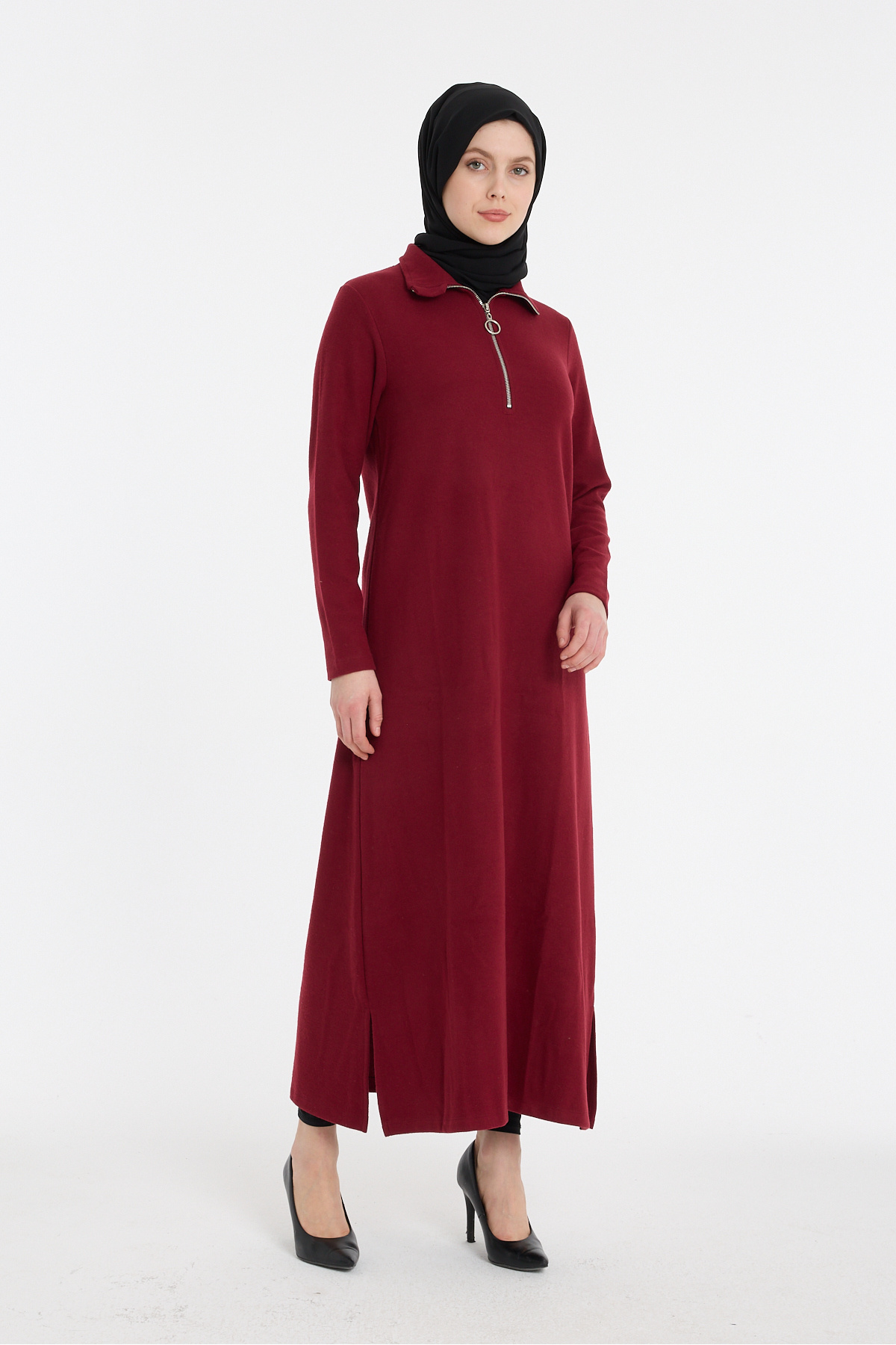 Fermuarlı Yaka Rahat Kesim Bordo Uzun Elbise - Bordo