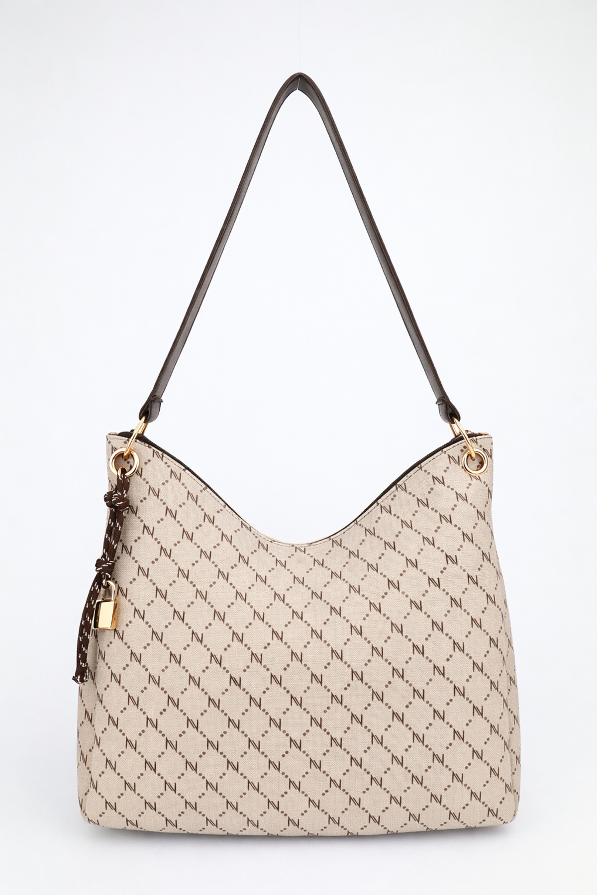 Women's Monogram Mink Coffee Charm Detailed Zipper Closed Hand and Shoulder Bag Toli