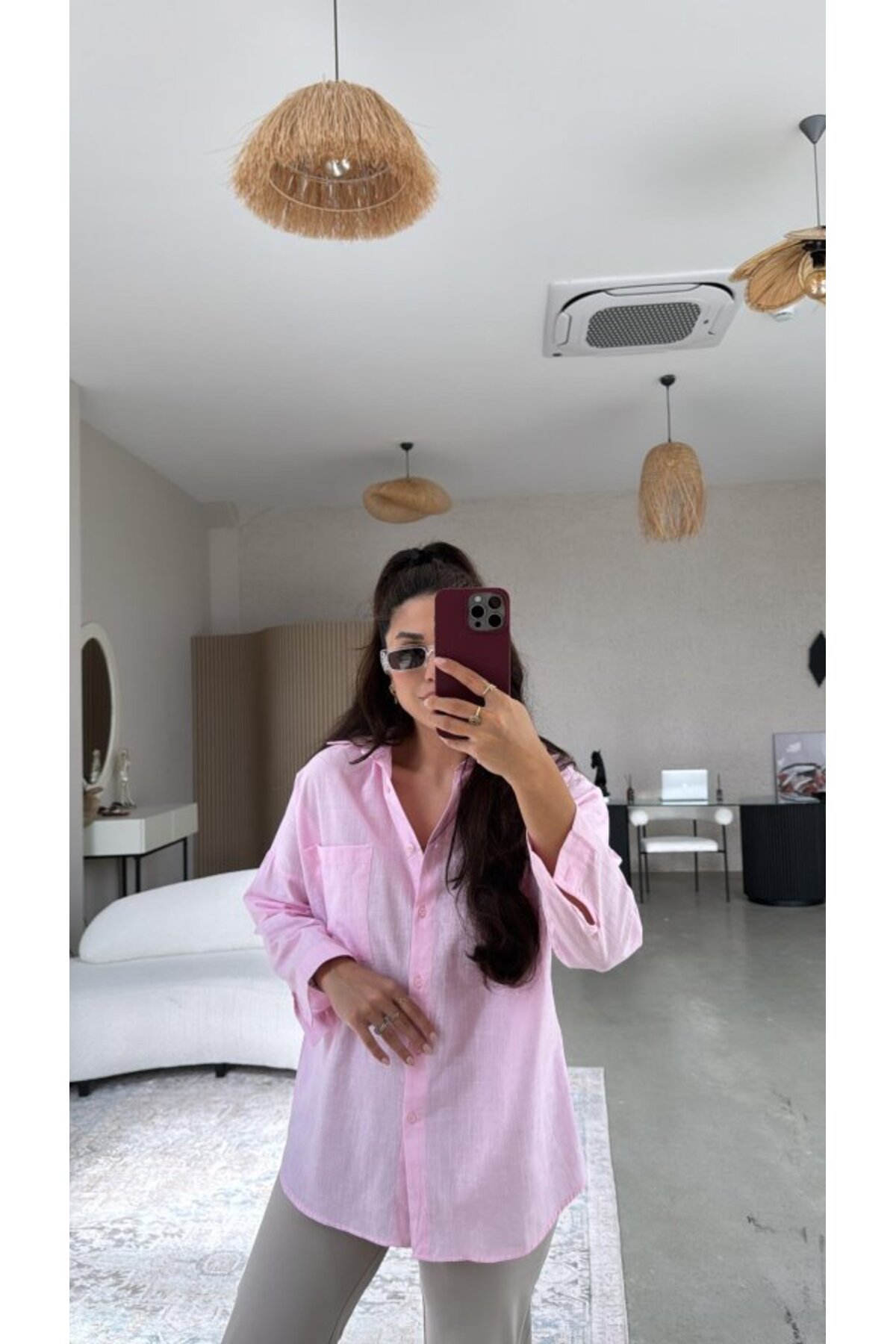 GETFAY Kadın Tek Cepli Over Size Ketem Gömlek-Pembe fotoğrafı 2 (önizleme)