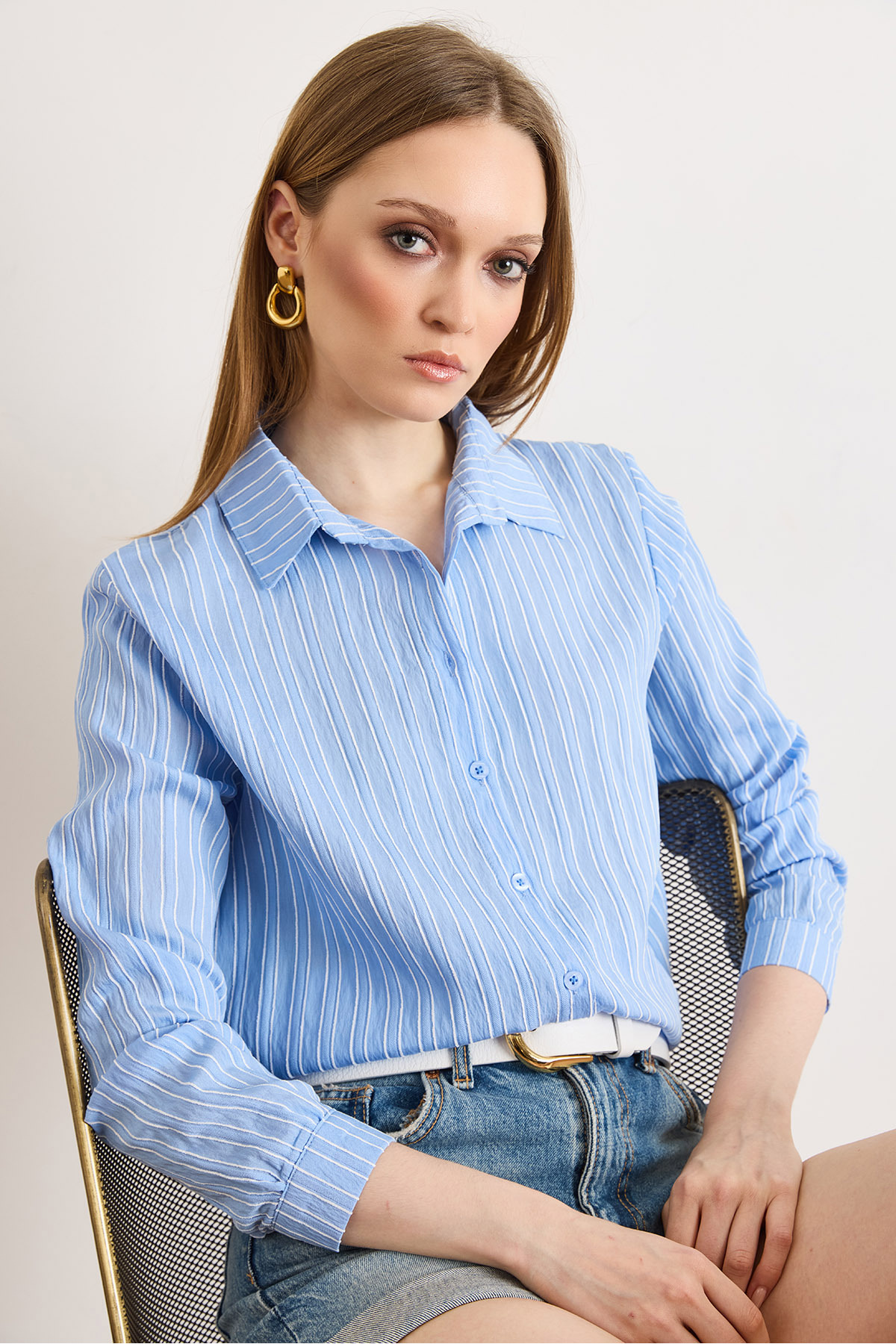 Women's Blue Striped Woven Cast ShirtGML-19001427