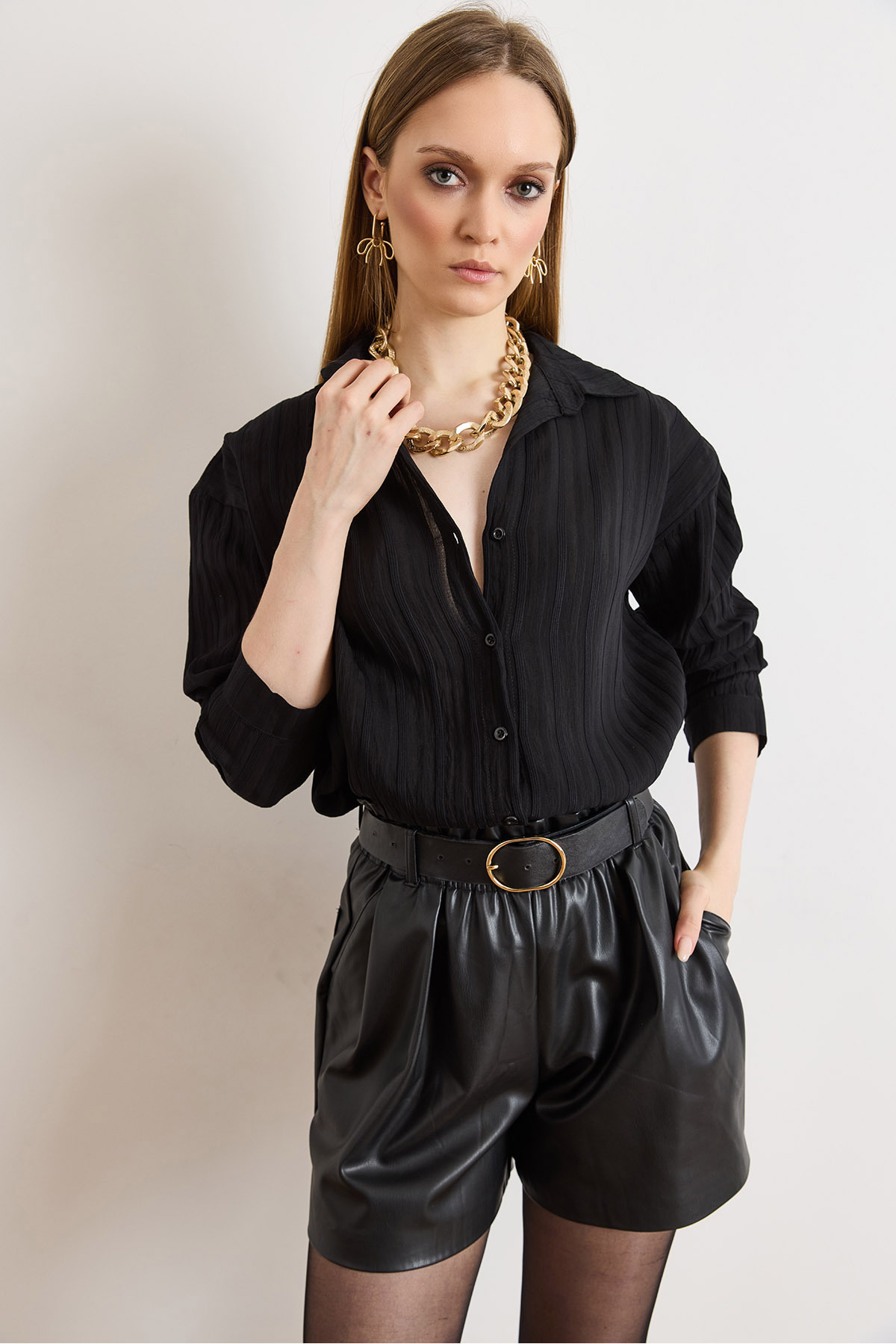 Women's Black Textured Lightweight Transparent Loose Fit ShirtGML-19001408