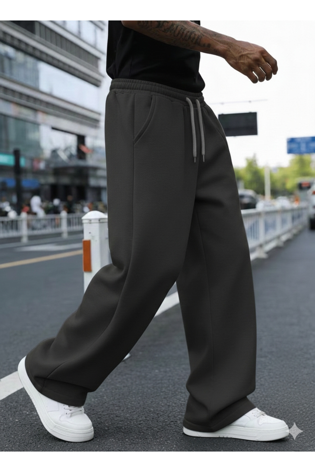 LAUSRA  2'li Eşofman Altı Erkek - Siyah & Gri Yüksek Bel Cepli Rahat Kesim Baggy Eşofman Altı - Görsel 6