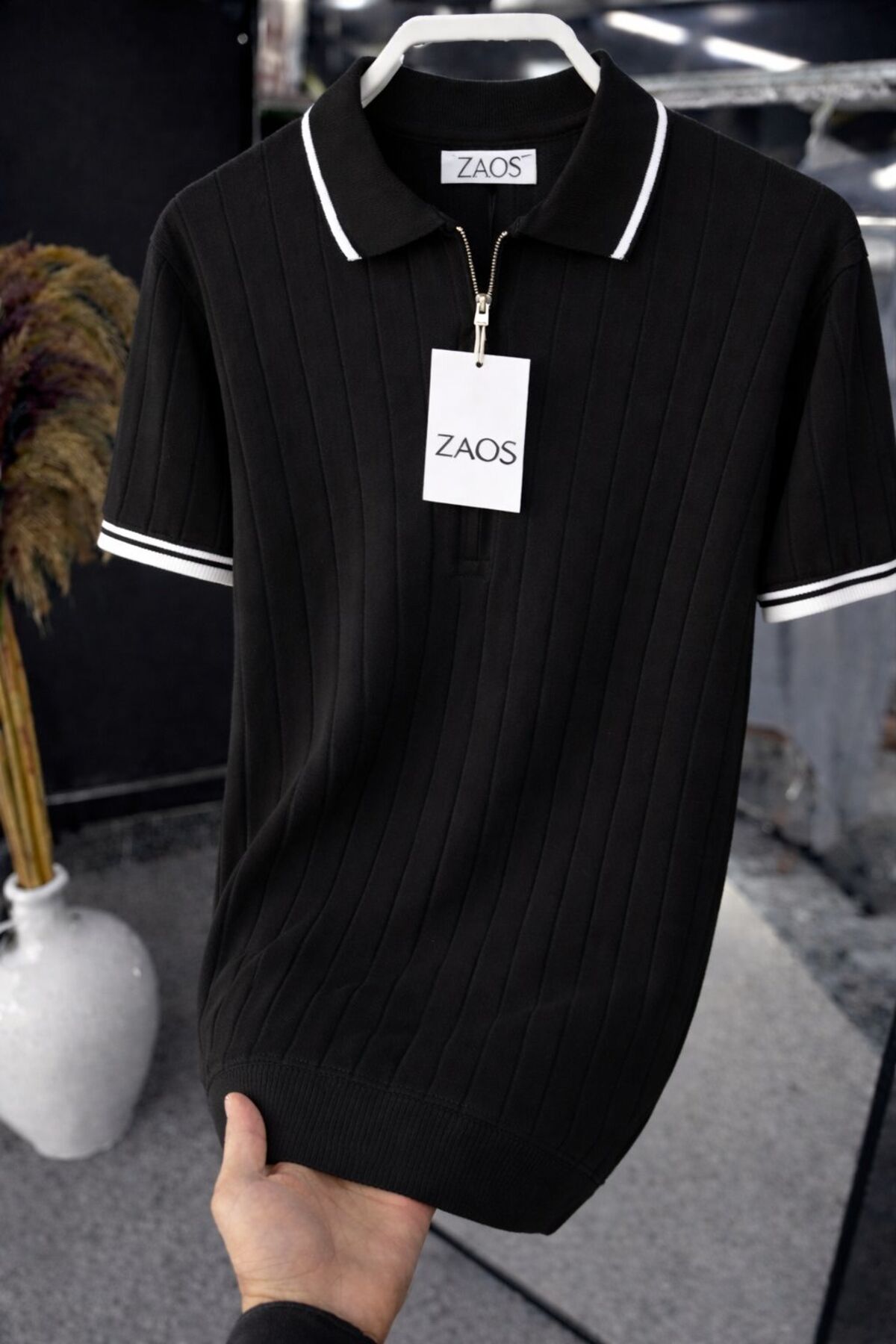 zs zaos fashion Men's Polo Collar Zippered Short-Sleeve Knit T-Shirt Comfortable Quality Stretchy T-Shirt