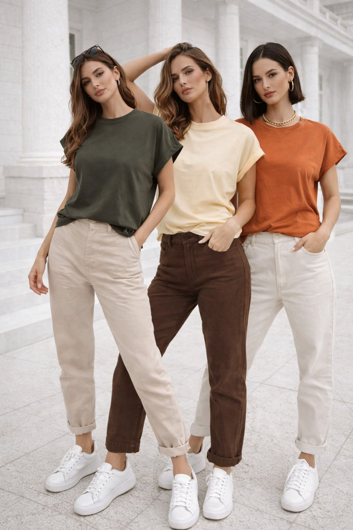 Rich  Kadın 3'lü Paket Krem-Turuncu-Haki Pamuklu Duble Kol Detaylı Rahat Kalıp T-Shirt - Görsel 2