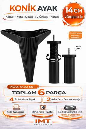 İMT AKSESUAR Konik 14 cm Siyah Mobilya Ayağı 6'LI Set Robot Süpürgeye Uyumlu ...
