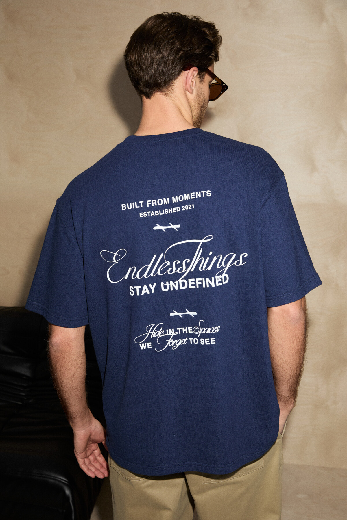 GRIMELANGE  AMANCIO Erkek Organik Pamuklu Baskı Ve Nakış Detaylı Bisiklet Yaka Oversıze Lacivert T-Shirt