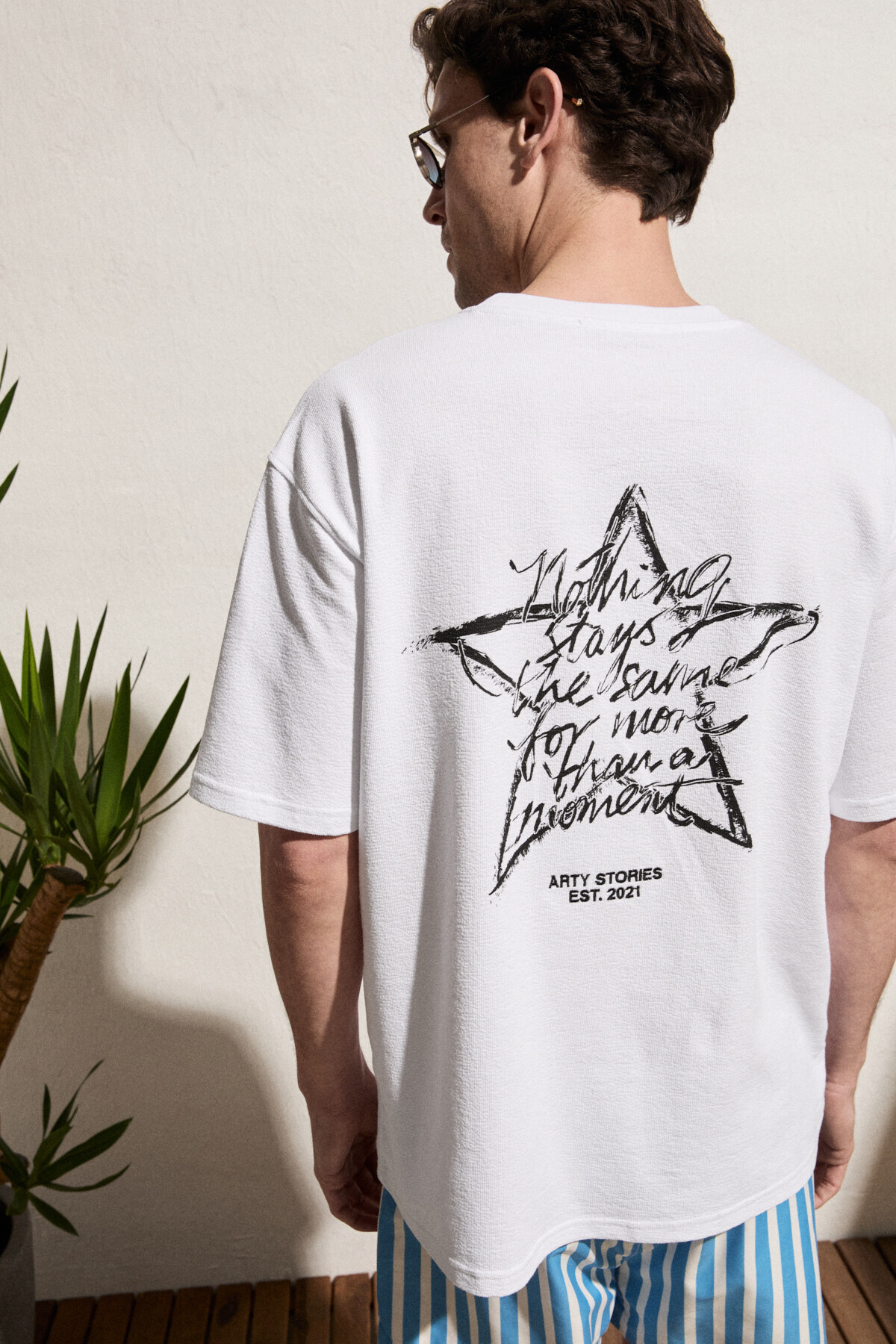 GRIMELANGE CALIDO Erkek Organik Pamuklu Baskı Ve Nakışlı Bisiklet Yaka Strüktürlü Oversıze Beyaz T-Shirt