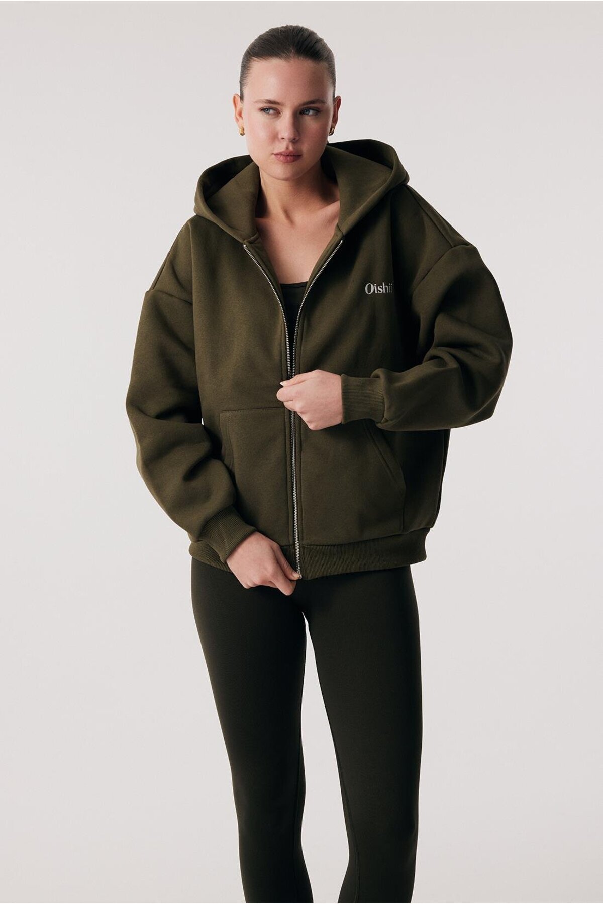Oishii Rei Loungewear Fermuarlı ve Kapşonlu Sweatshirt Deep Olive görsel 2