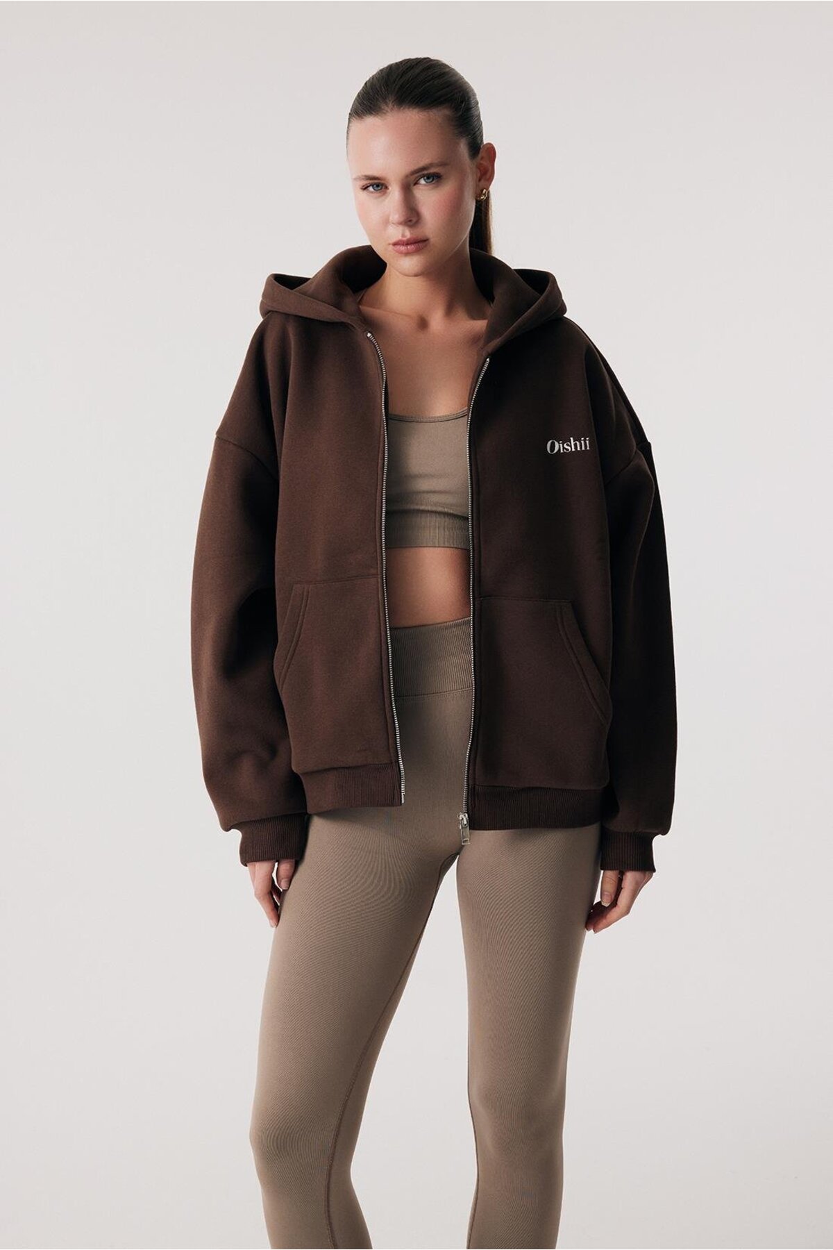 Oishii Rei Loungewear Fermuarlı ve Kapşonlu Sweatshirt Kahve