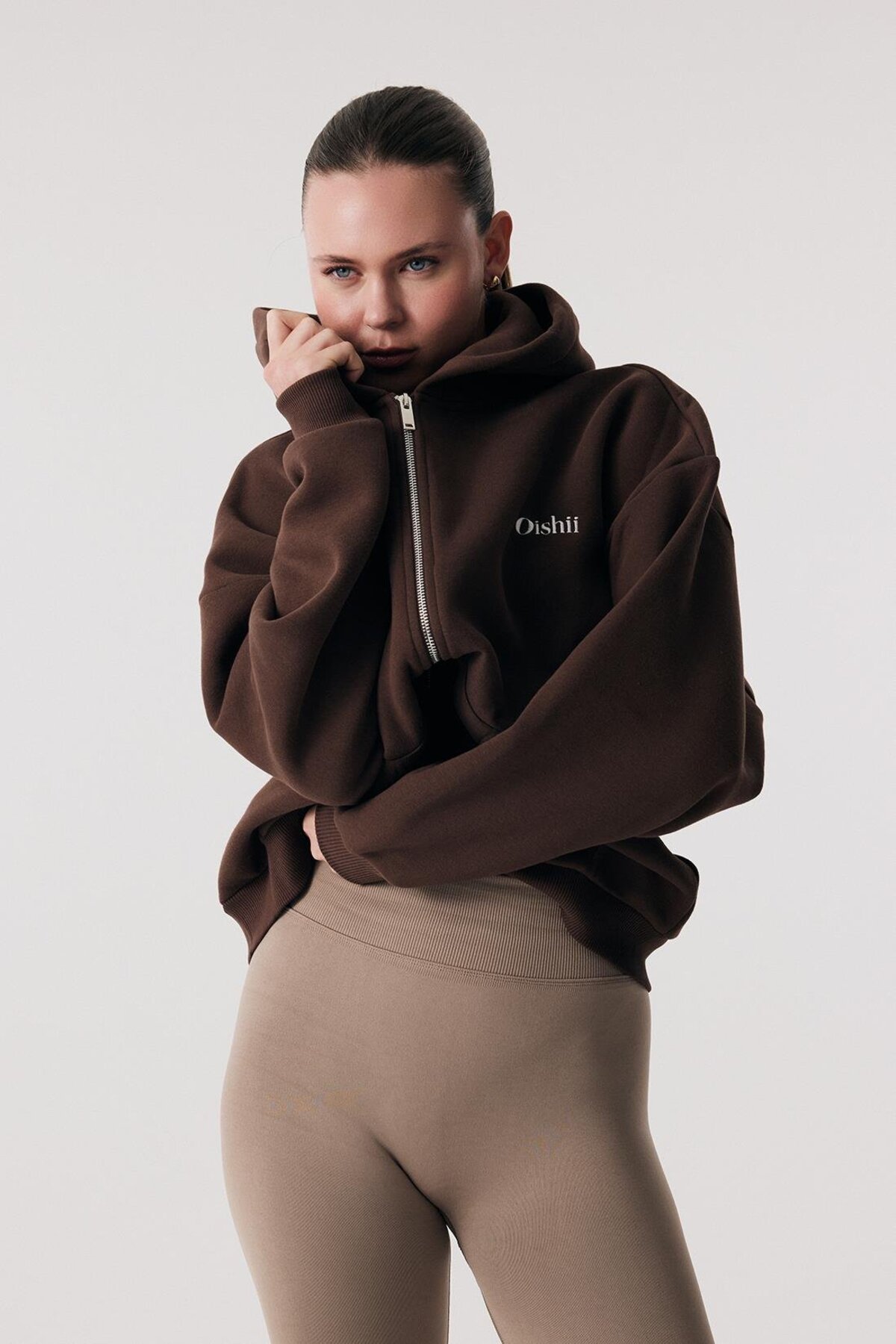 Oishii Rei Loungewear Fermuarlı ve Kapşonlu Sweatshirt Kahve görsel 3