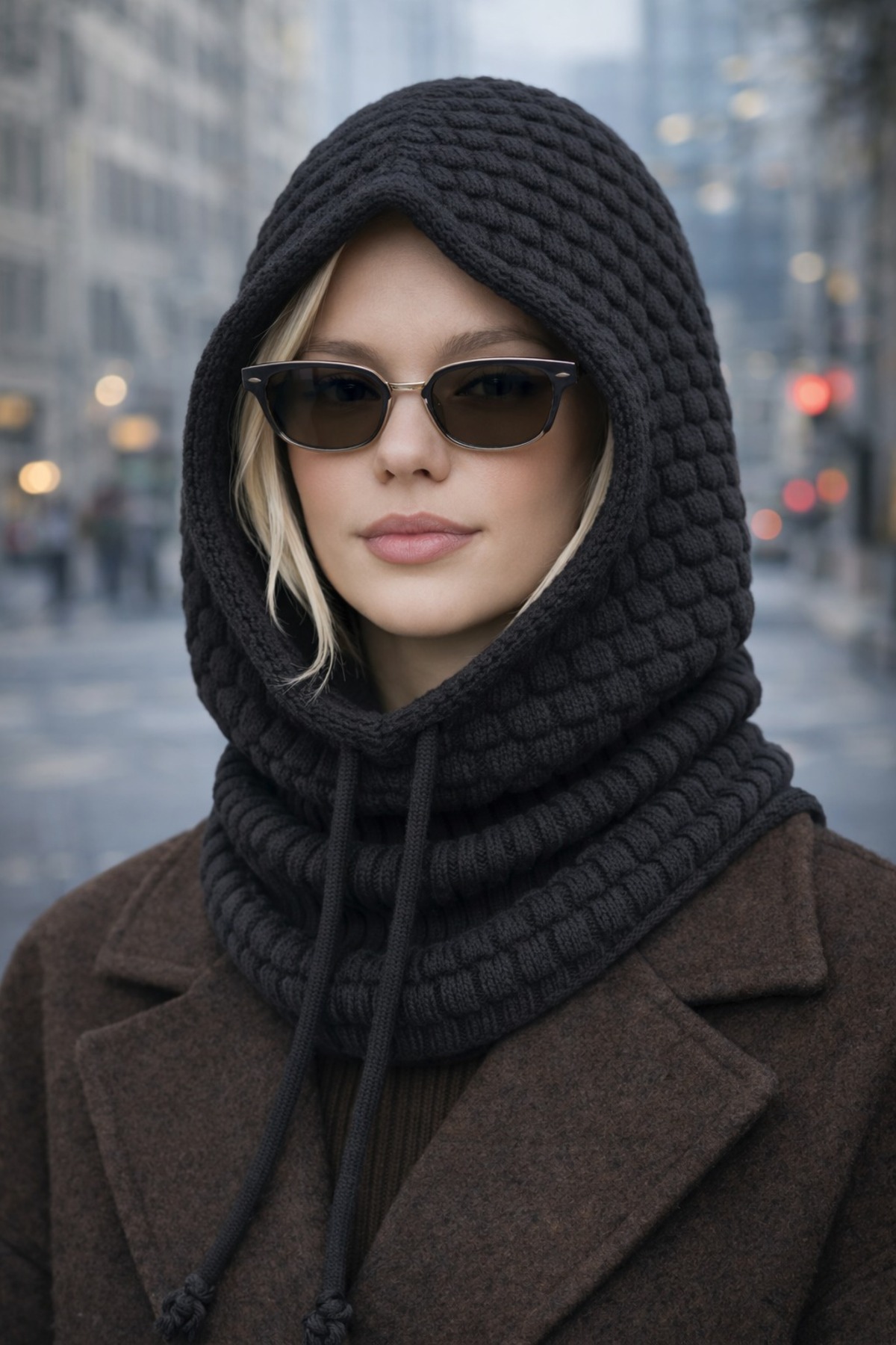 Women's Black Knitwear Knit Balaclava Beanie Neckline Winter Hat
