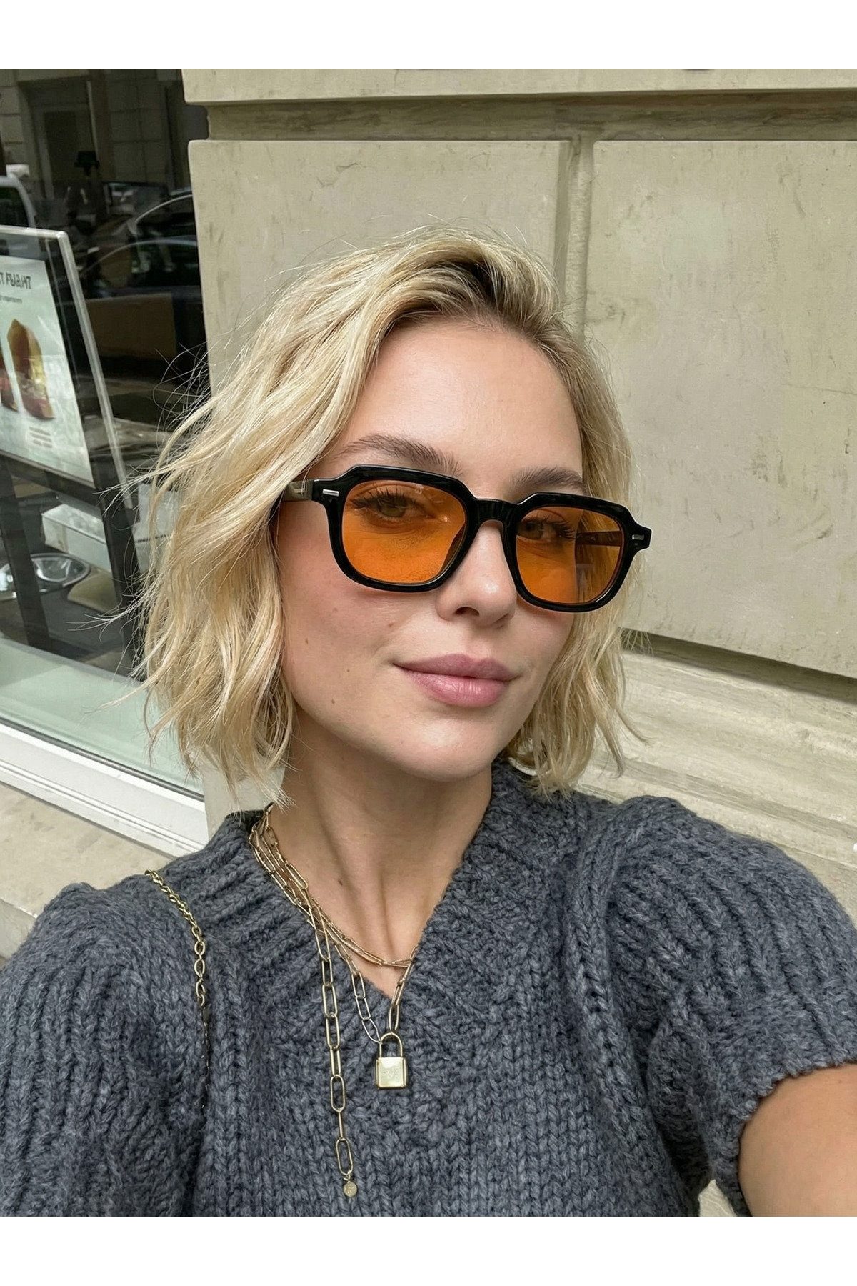 VEGA EYEWEAR Rona Dikdörtgen Unisex turuncu Camlı Siyah Güneş Gözlüğü Erkek Kadın Gözlük görsel 2