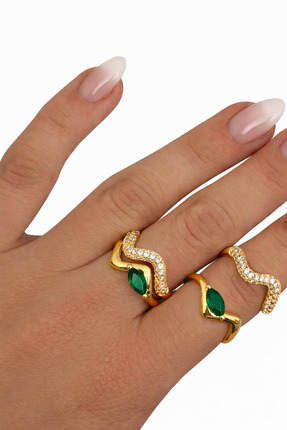 VELORA.CO Ayarlanabilir Zirkon Taşlı Yeşil Markiz Detaylı Gold Renk İkili Yüzük