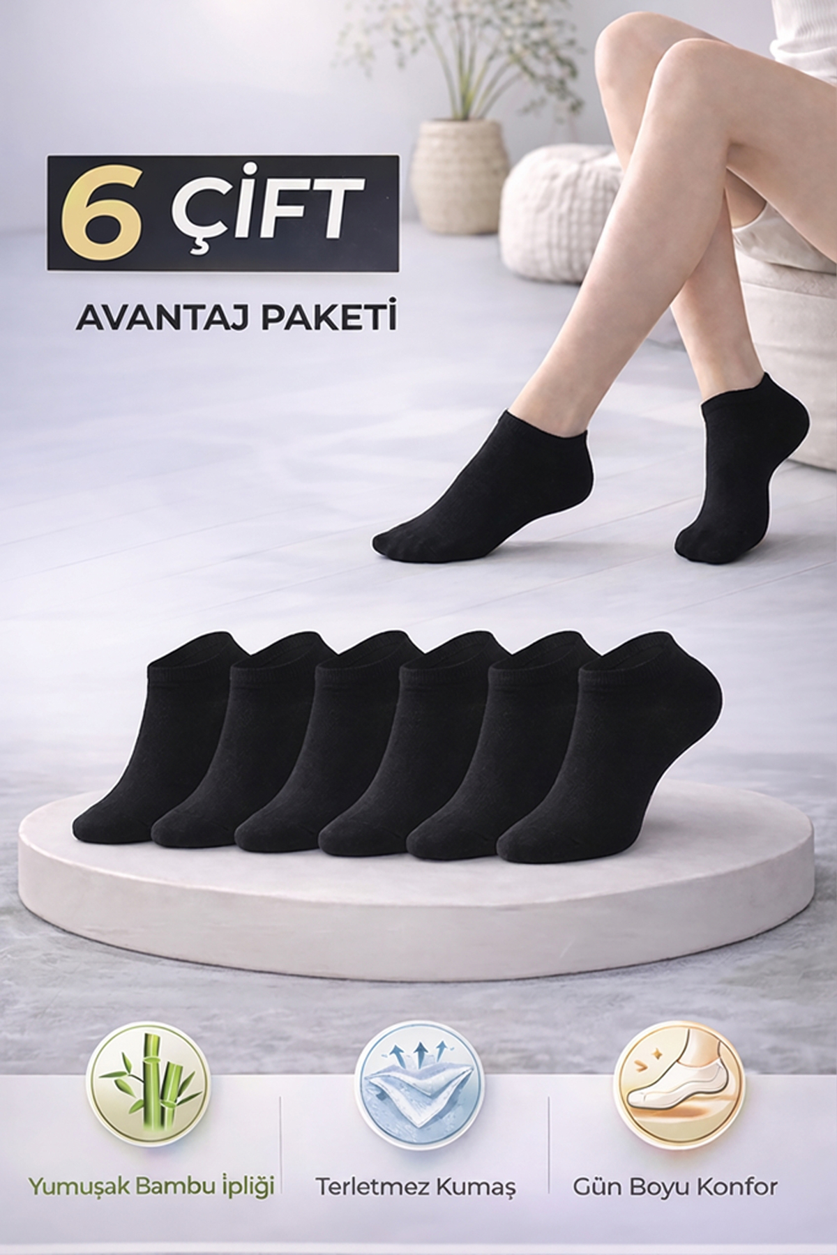 Women's Bamboo Booties Socks 6-Pack 725 Black