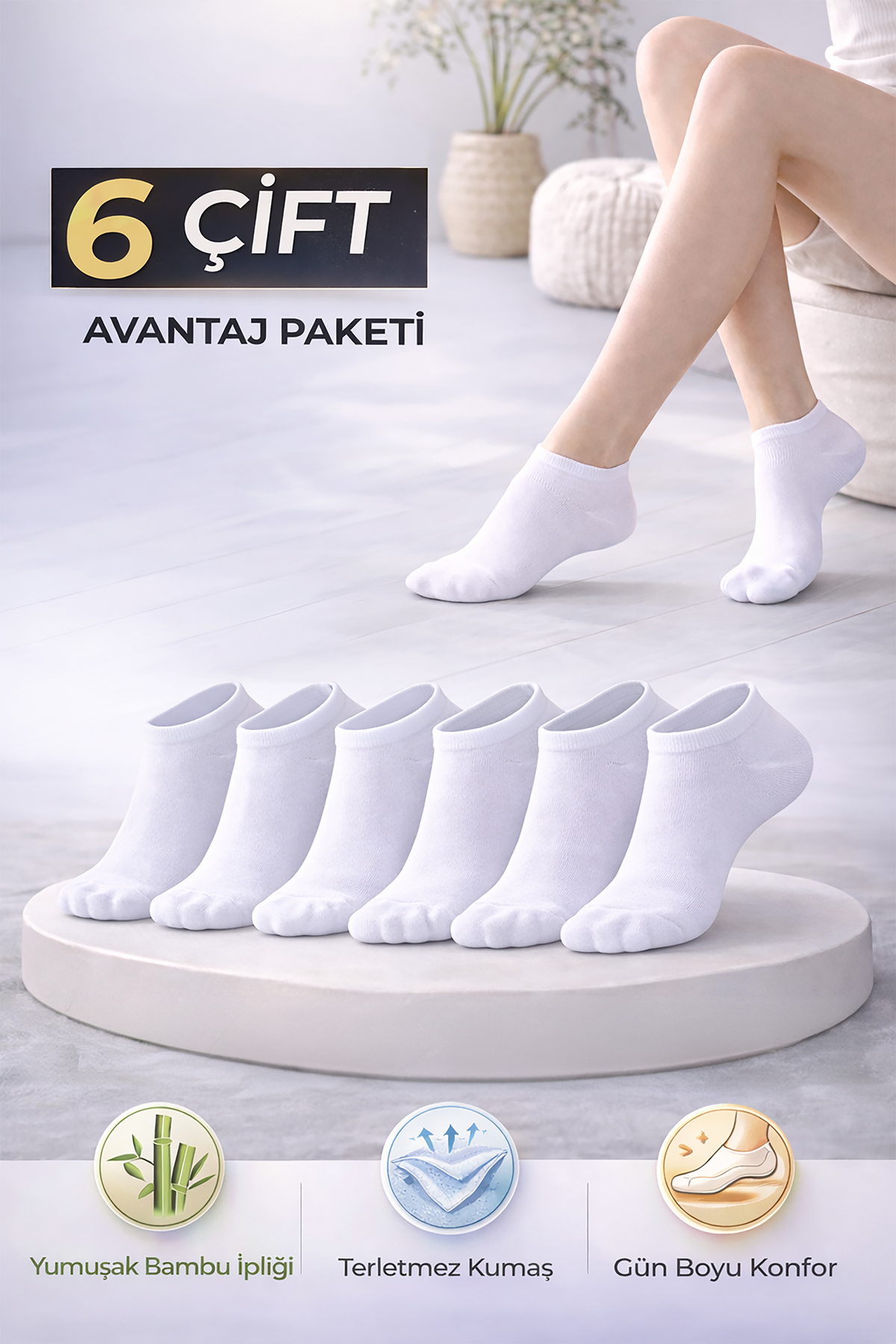 Women's Bamboo Booties Socks 6-Pack 725 White