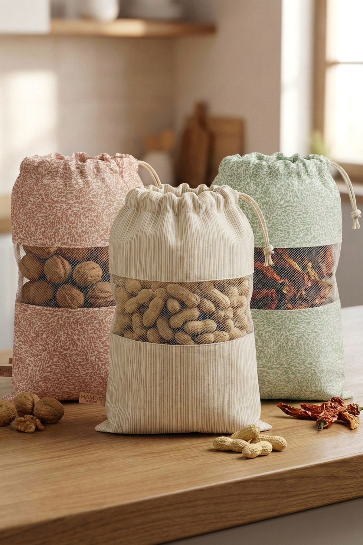 3 Pcs Legume Pouches Large Size 24x34 cm Provision Dry Food Storage Container Bag Mesh Cloth Soft-Set