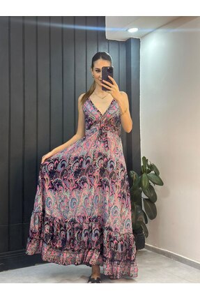 YNSGİYİM YNS BOHEMİAN SIRT LASTİK DESENLİ ELBİSE BOHEM OTANTİK