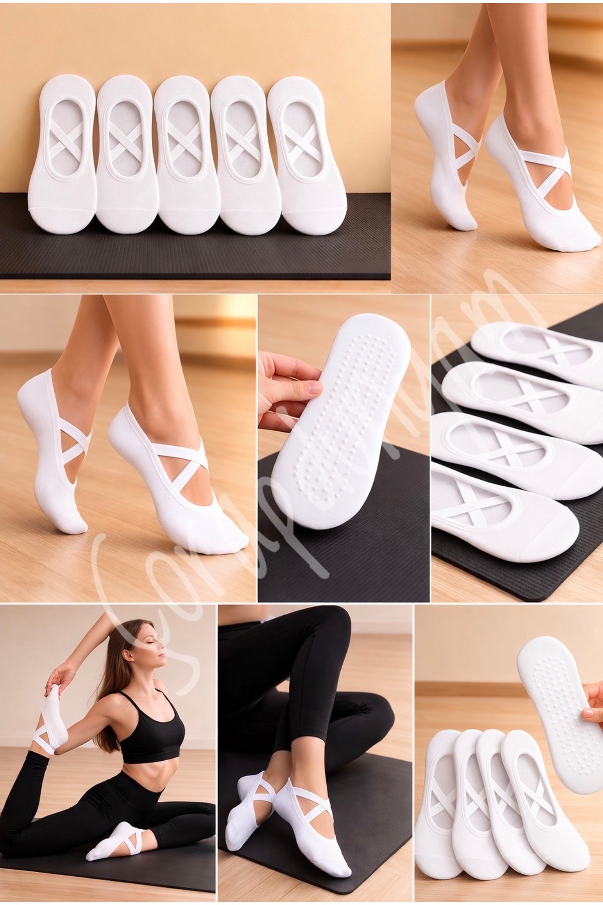 6' Pair White Cotton Pilates & Yoga Reformer Anti-Slip Flat Socks