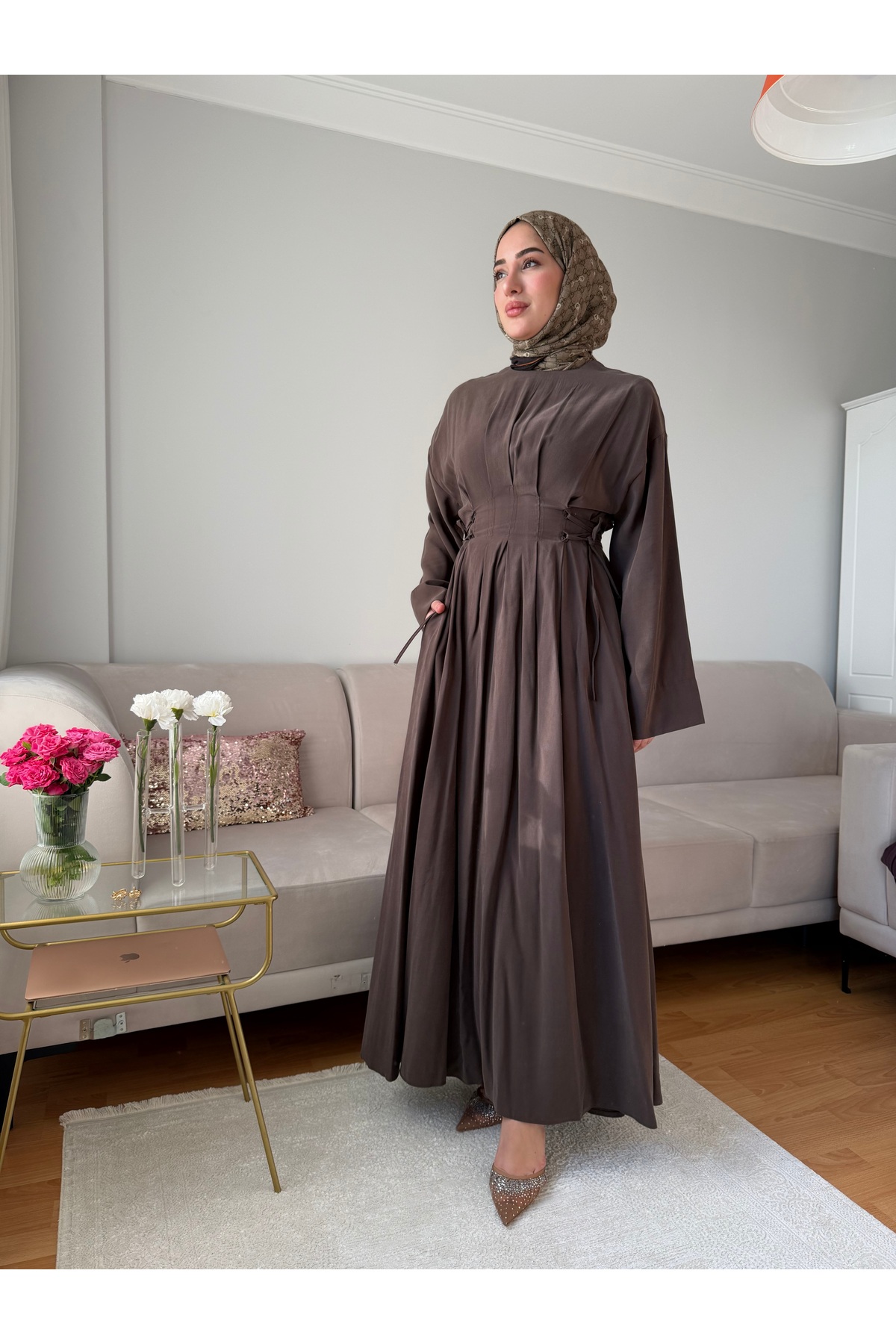 El Amira  Elegant Cupra Dokuma Kuşaklı Elbise