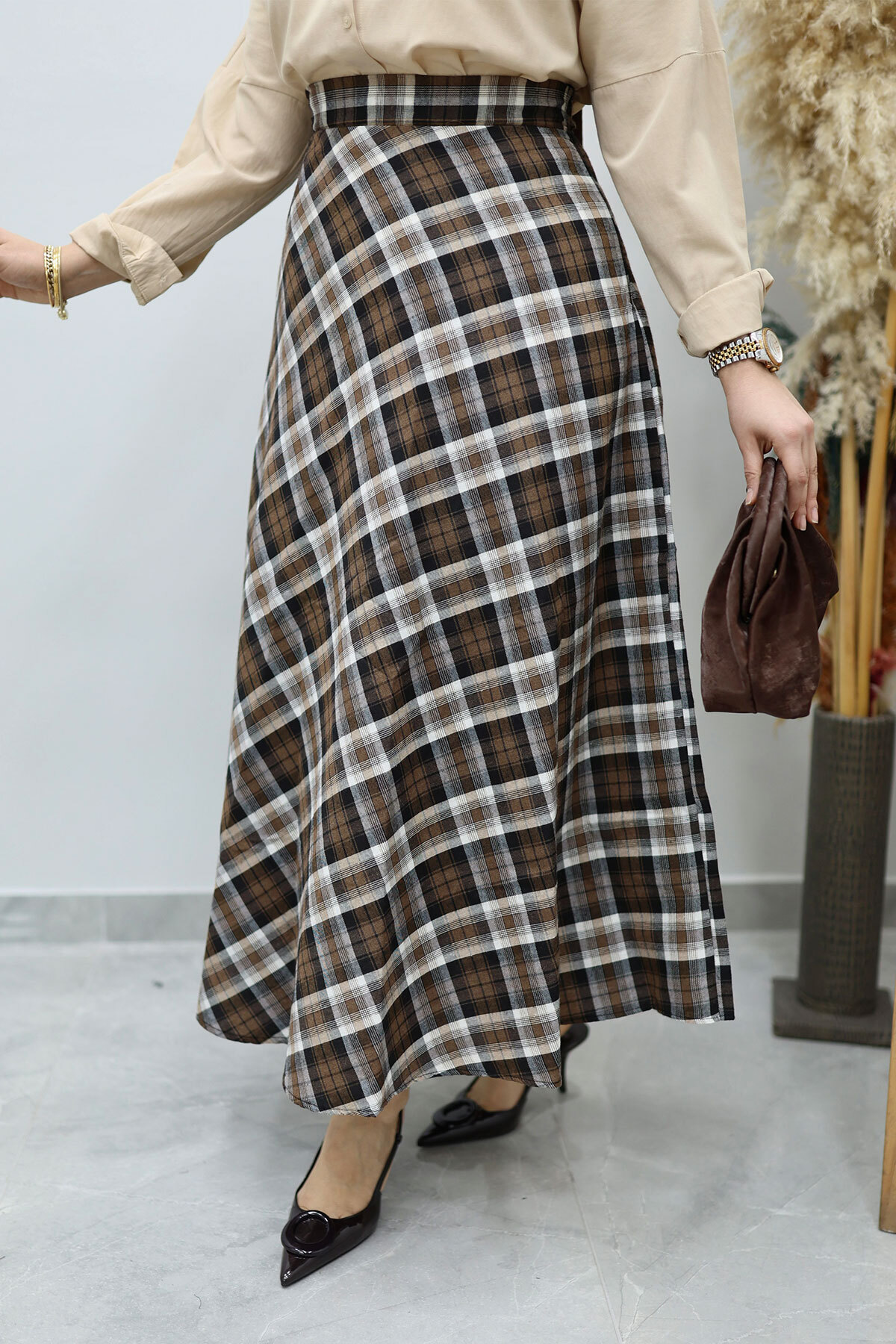 Tesettür Dünyası  Ekose Etek TSD260102 Hardal - Görsel 2