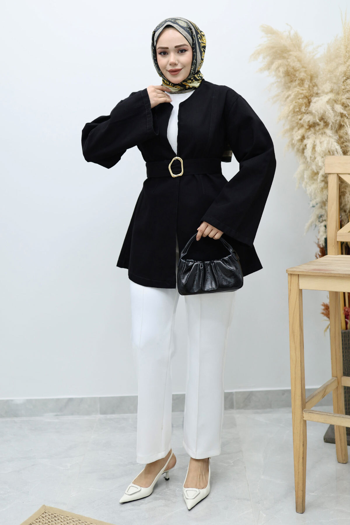 Tesettür Dünyası  Kemerli Kot Ceket TSD250251 Siyah - Görsel 3