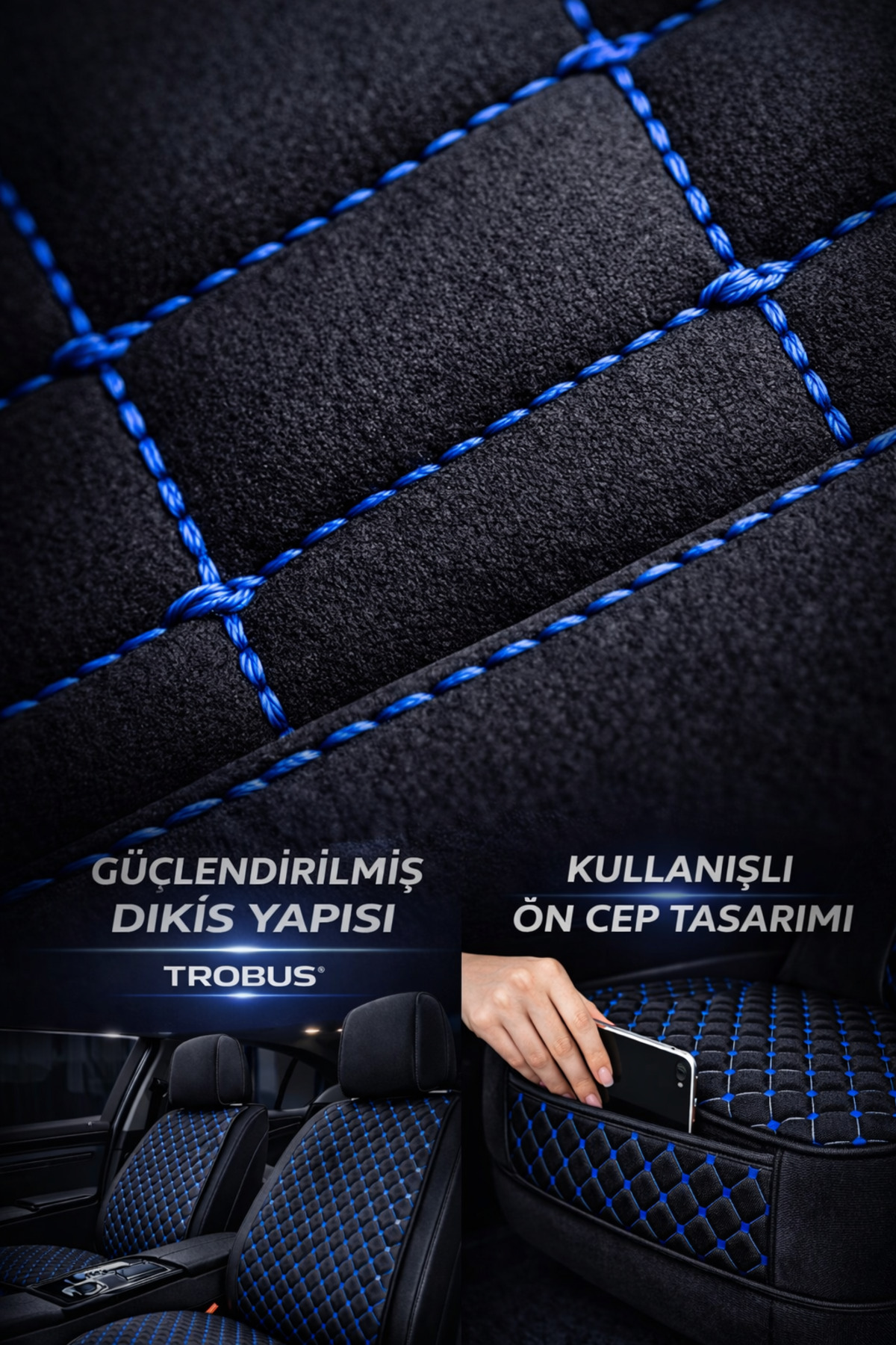 Fiat 500 Uyumlu Kumaş Oto Koltuk Minderi Ergonomik Kapitone 2'li Siyah Mavi — alternatif görsel