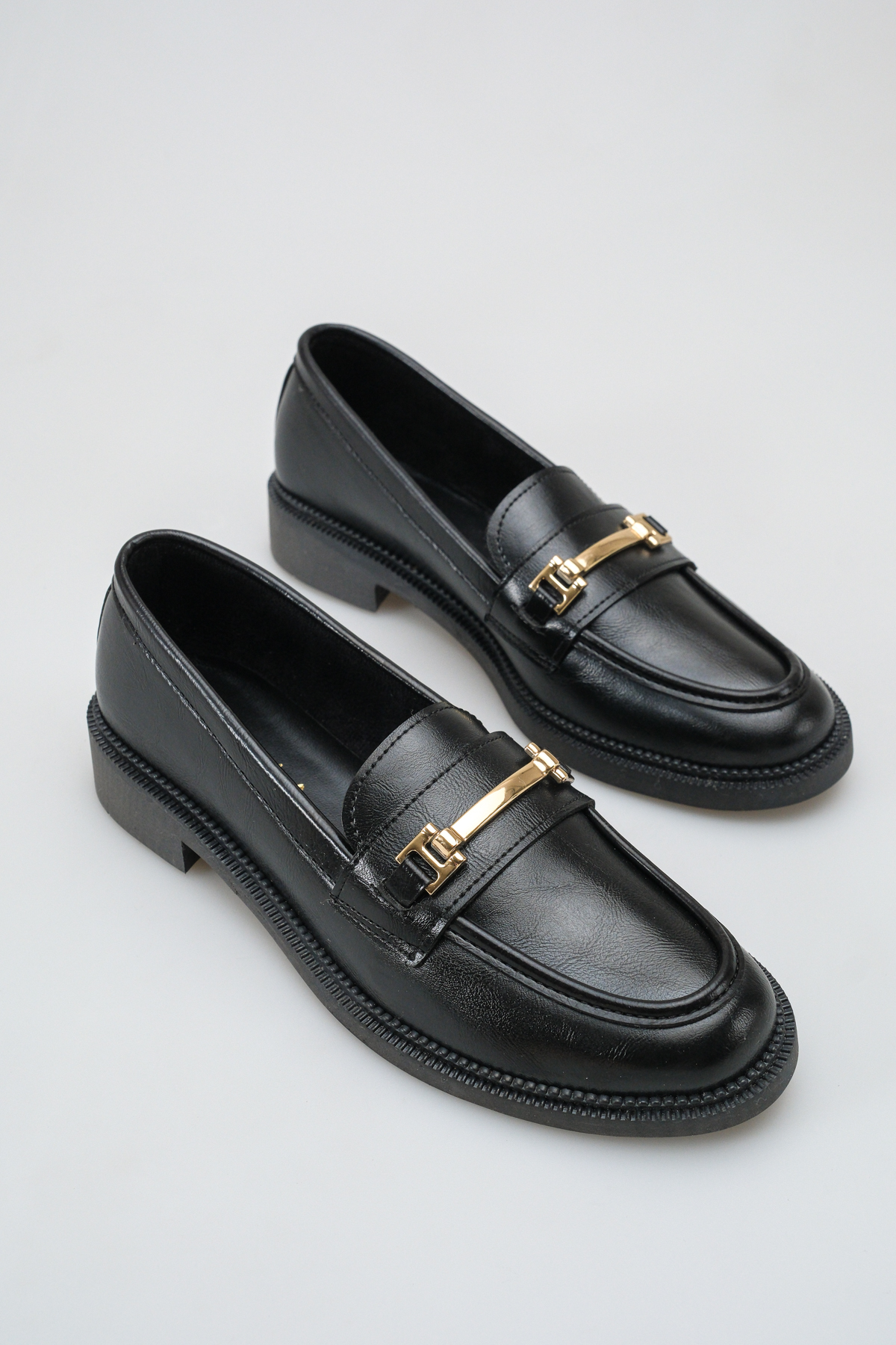 Black Gold Buckle Thick Sole 3 cm Heel Loafer Comfortable Casual Stylish Women's Shoes