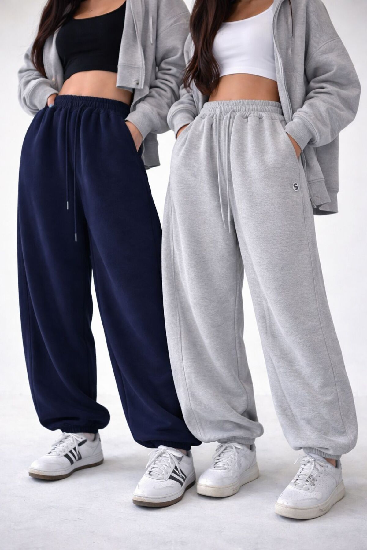 Le Vion  Kadın LACİVERT-GRİ Yüksek Bel Paçası Lastikli Basic Jogger Eşofman Altı