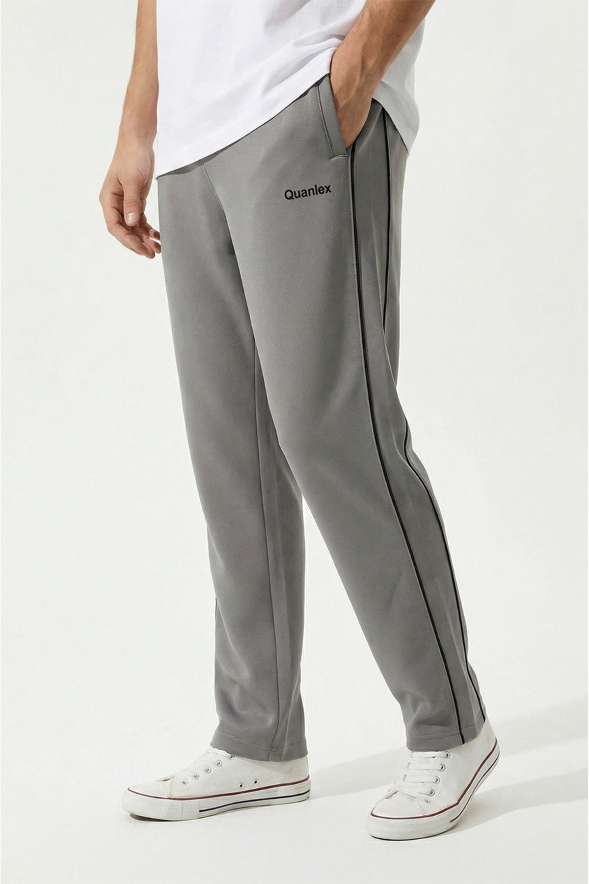 Quanlex Gray Comfortable Fit Side Double Piped Combed Cotton Sweatpants with Zipper Pocket and Straight Leg