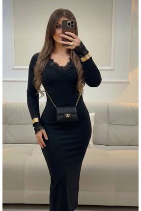 Look Kadıköy Kadın V Yaka Dantel Detaylı Uzun Şık Kalem Elbise