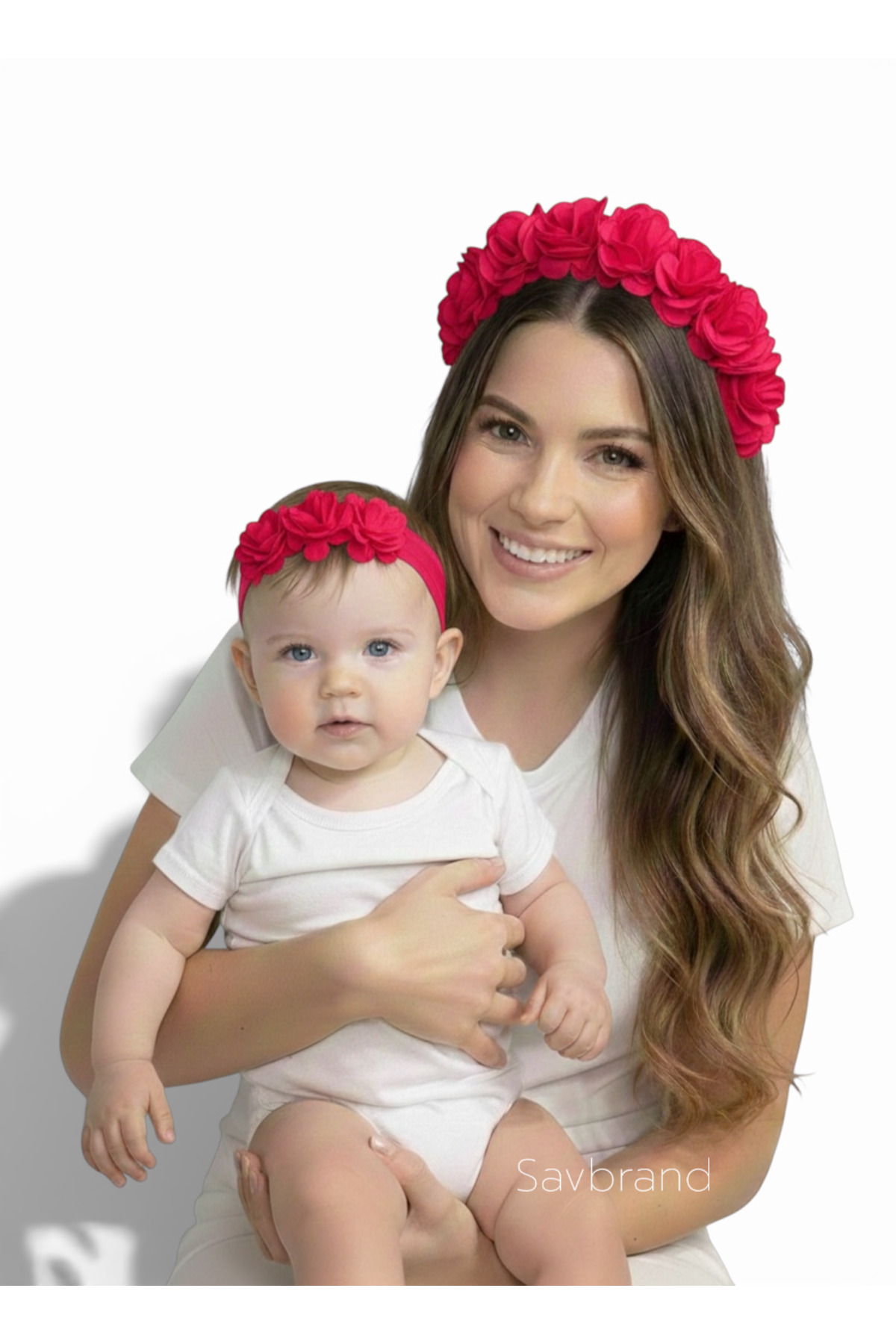 SavBrand Fuşya Çiçekli Anne tacı ve Bebek Bandanası fotoğrafı 2 (önizleme)