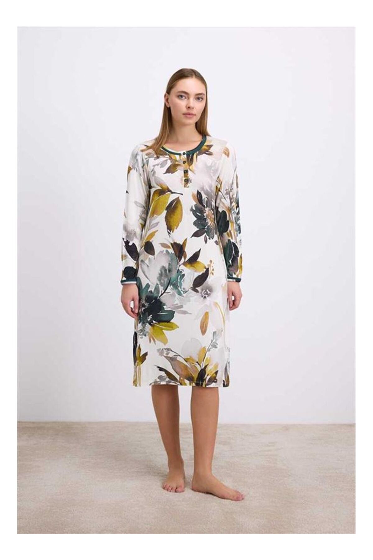 byasafkids Anil Kadın Uzun Kollu Çiçek Desenli Lenzing Viskon, Düğmeli Yaka Detaylı Gecelik 11553