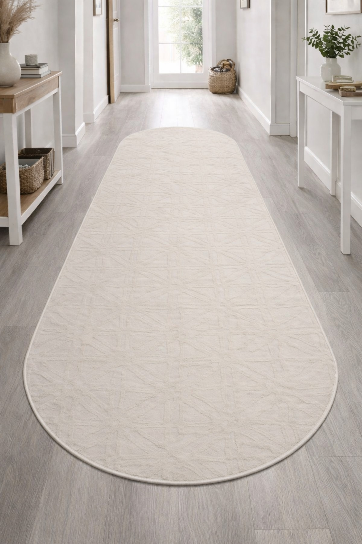 Trojan Oval Cut Relief Non-Slip Base Washable Living Room Kitchen Corridor Carpet Runner Rug CREAM