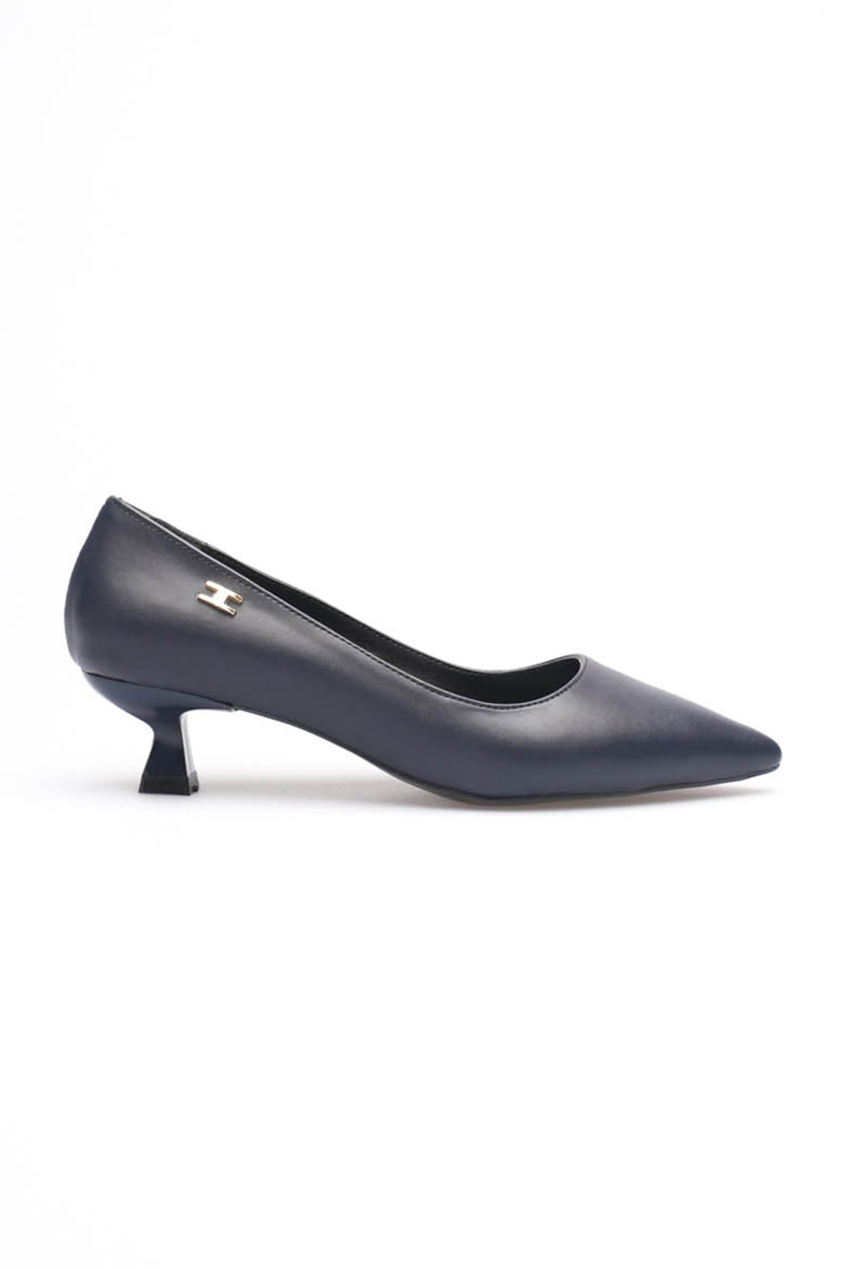 Doss Navy Blue Leather 4 cm Heeled Gold Buckle Detailed Women's Shoes