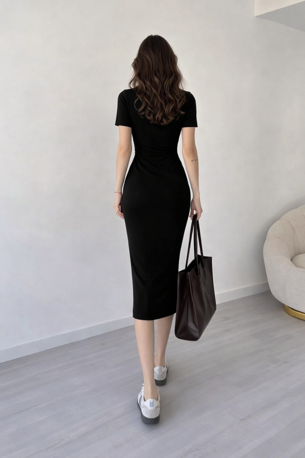 LACASE  Yan Bağlamalı Modal Uzun Siyah Elbise. - Görsel 3