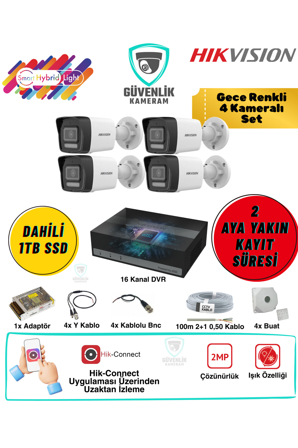 Hikvision Gece Renkli 4 Kameralı AHD Güvenlik Seti 2MP 1TB Dahili