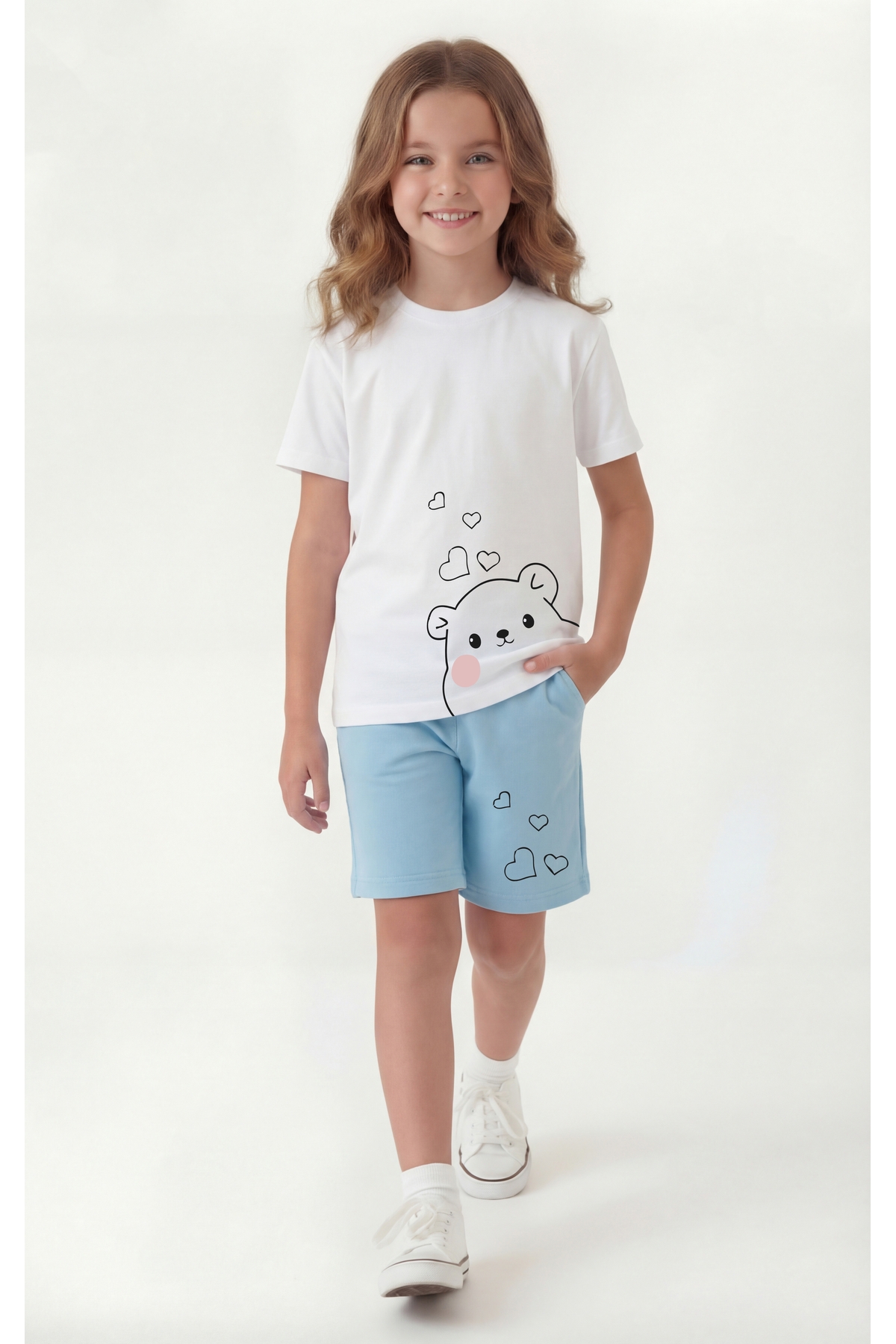 Round Collar Summer Print Detailed Capri Baby Girl Bottom Top Set