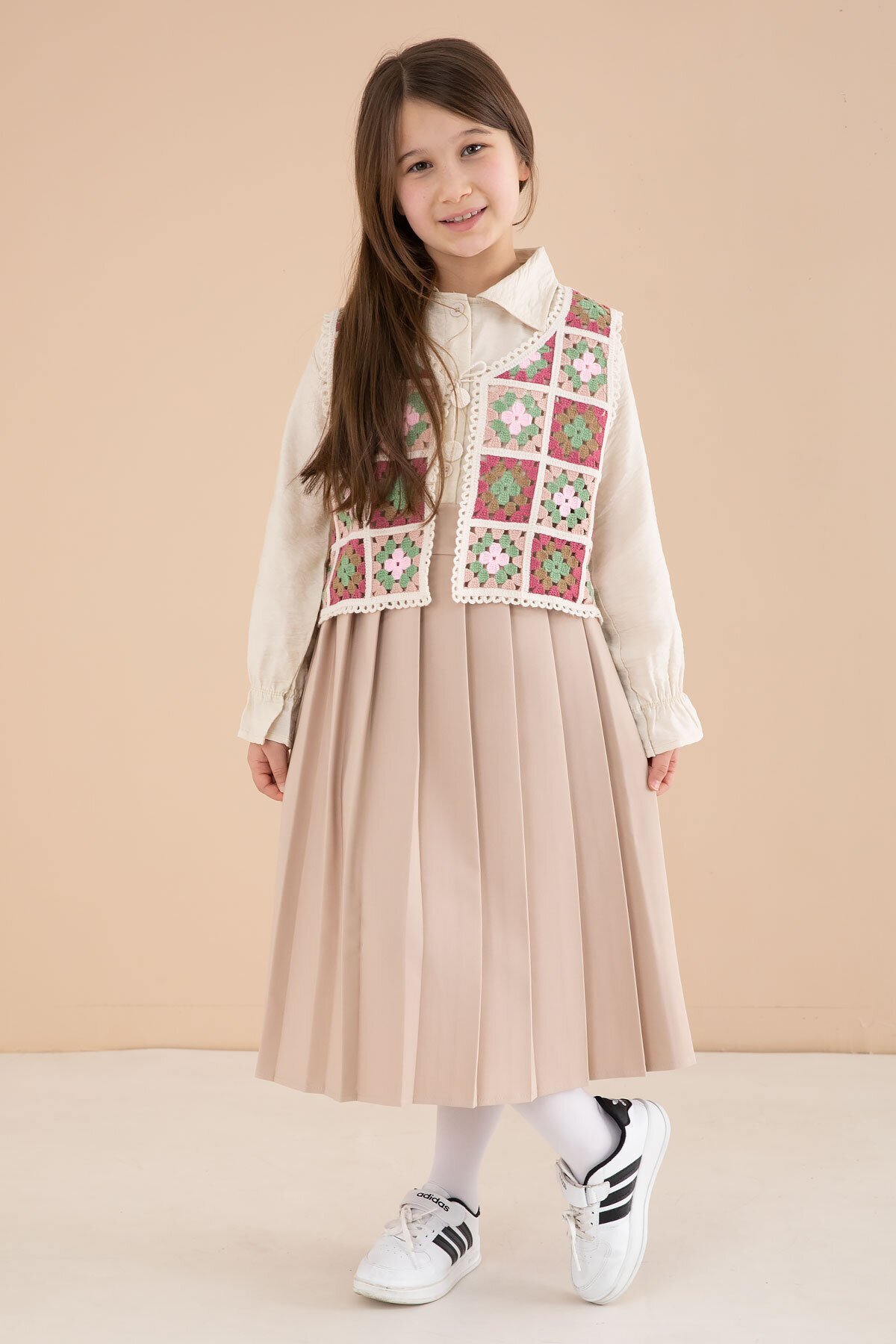 Brown Flower Pattern Knitted Sweater Shirt Girl Skirt 3pcs Set 23583